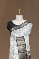 Dola Silk Saree Pen Kalamkari Print Across The Body With Contrast Floral Zari Weaving Border Along With Zari Stripes Blouse