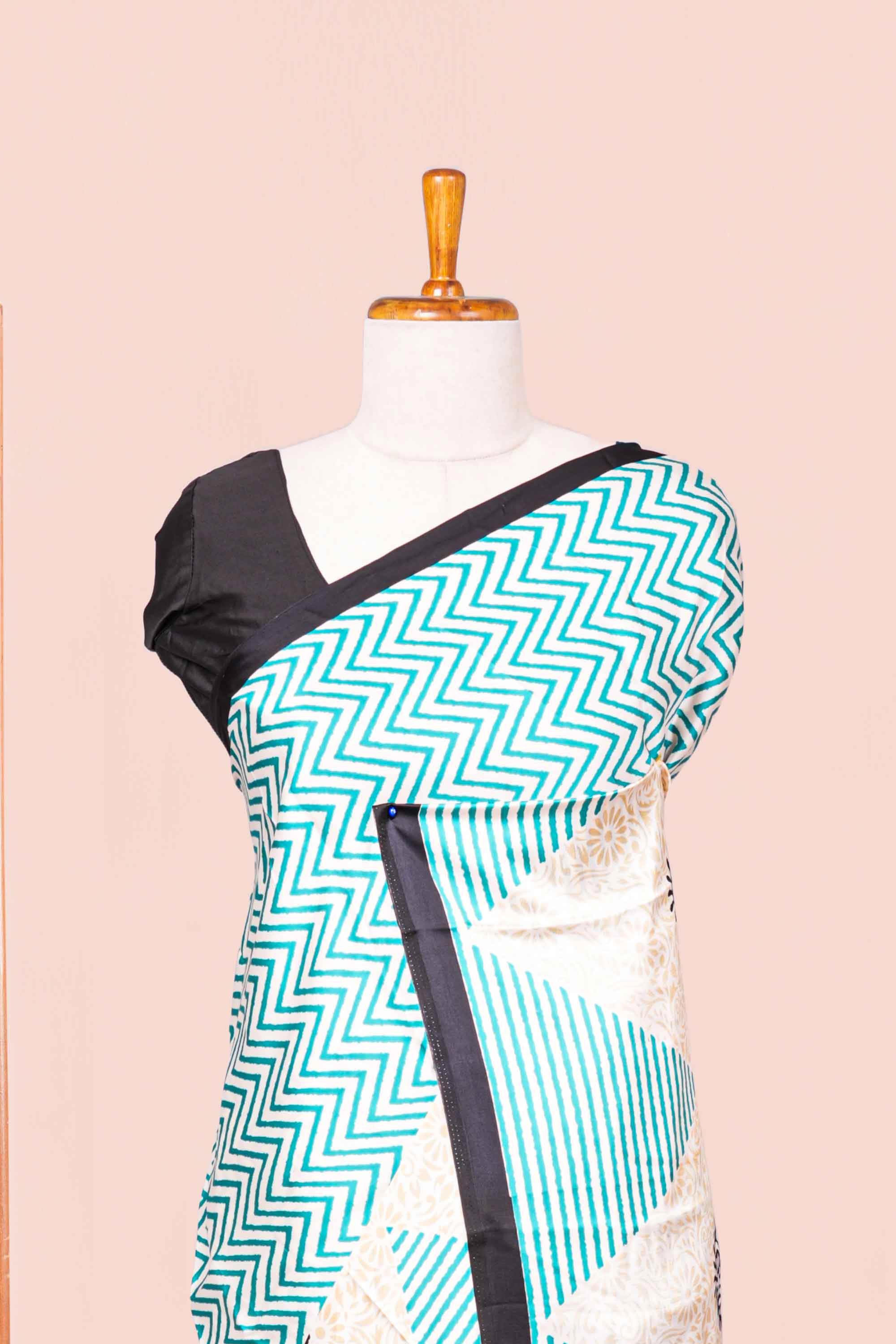 Modal Silk Saree Lightweight ,Flowy. Chevron Design ,Contrast Border Along With Floral Printed Blouse