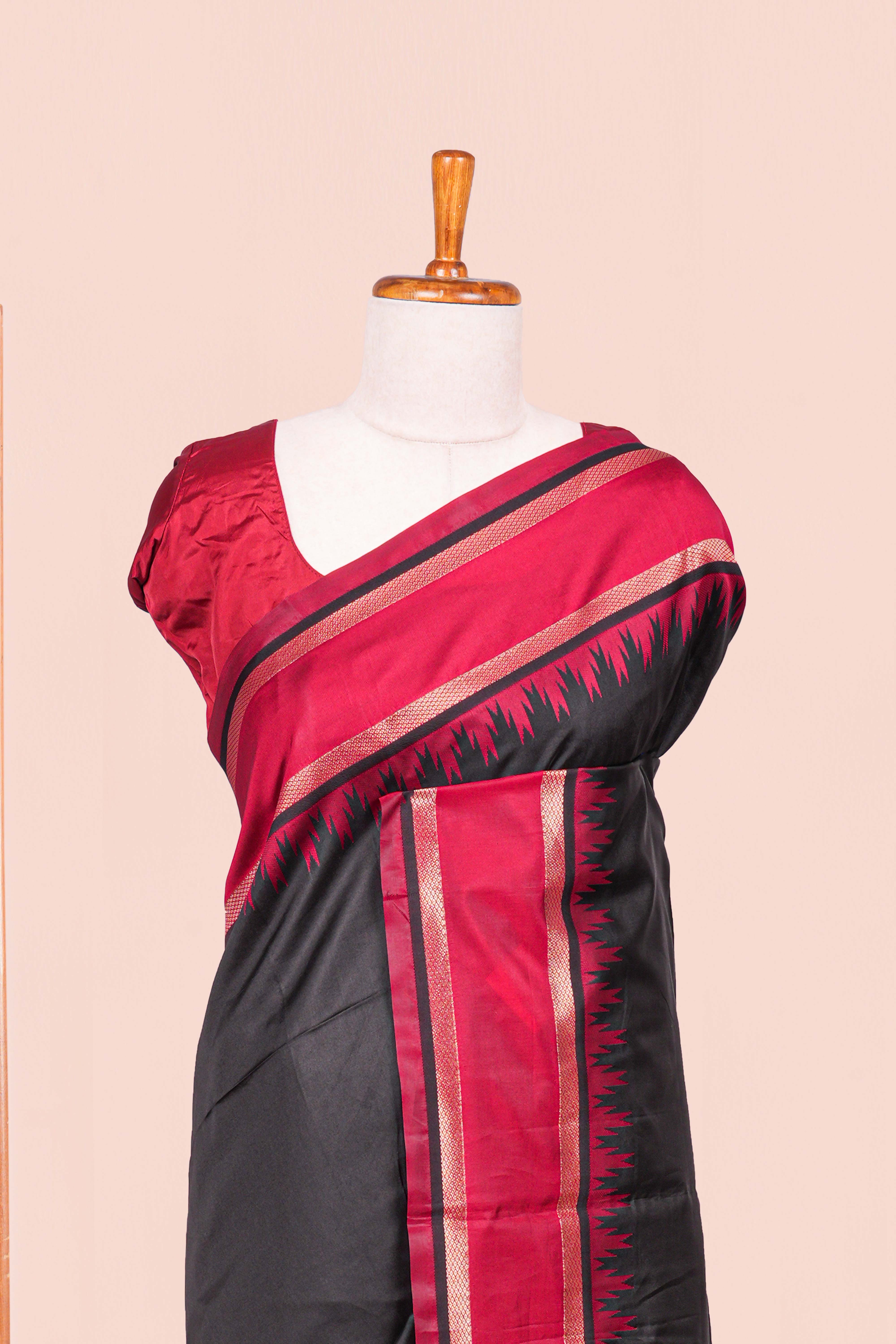 Black Art Silk Saree With Plain Body Contrast Gold Zari Stripes Pallu