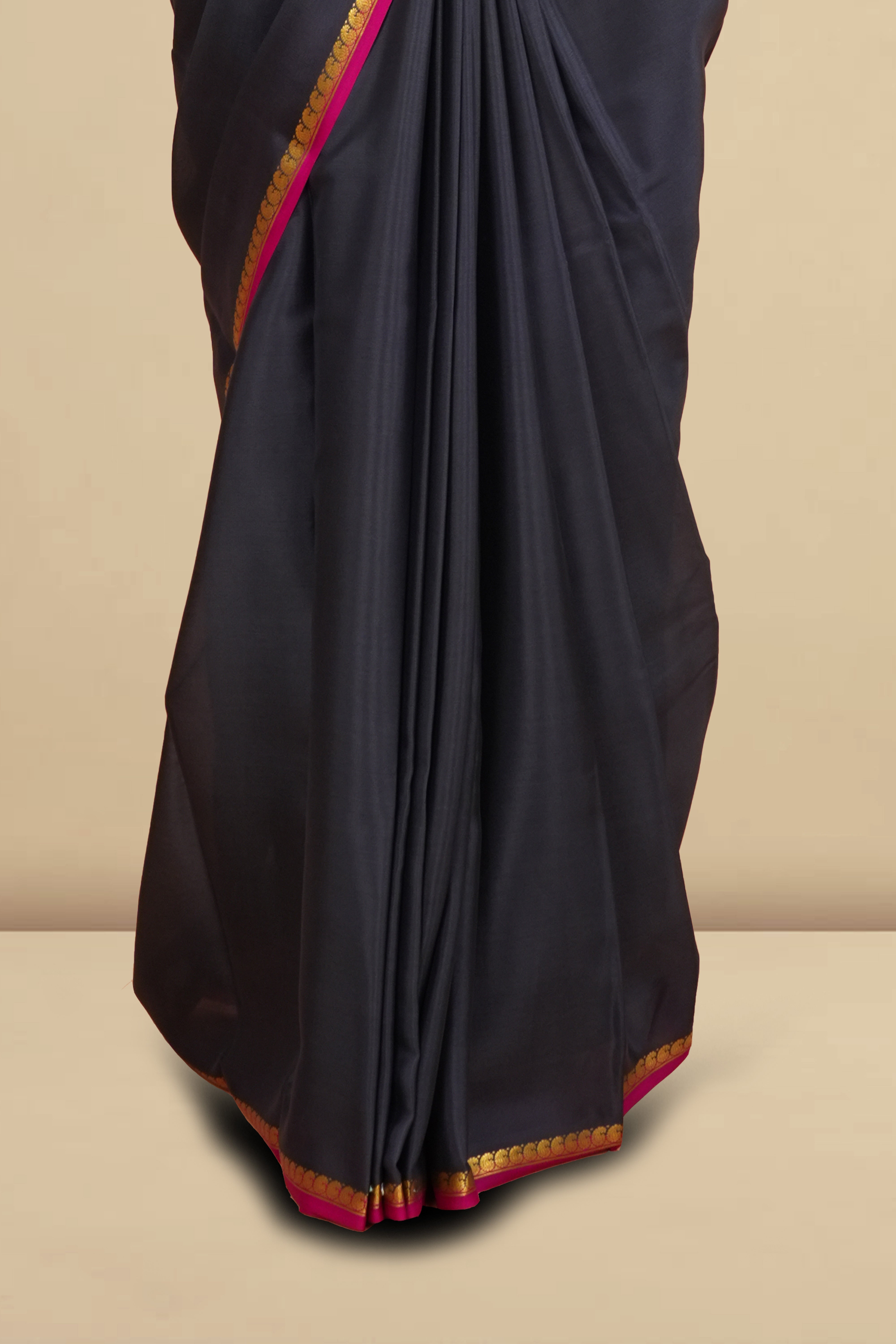 Pure Mysore Silk Saree in Charcoal Black with Contrast Pink-Gold Border and Rich Magenta Pallu