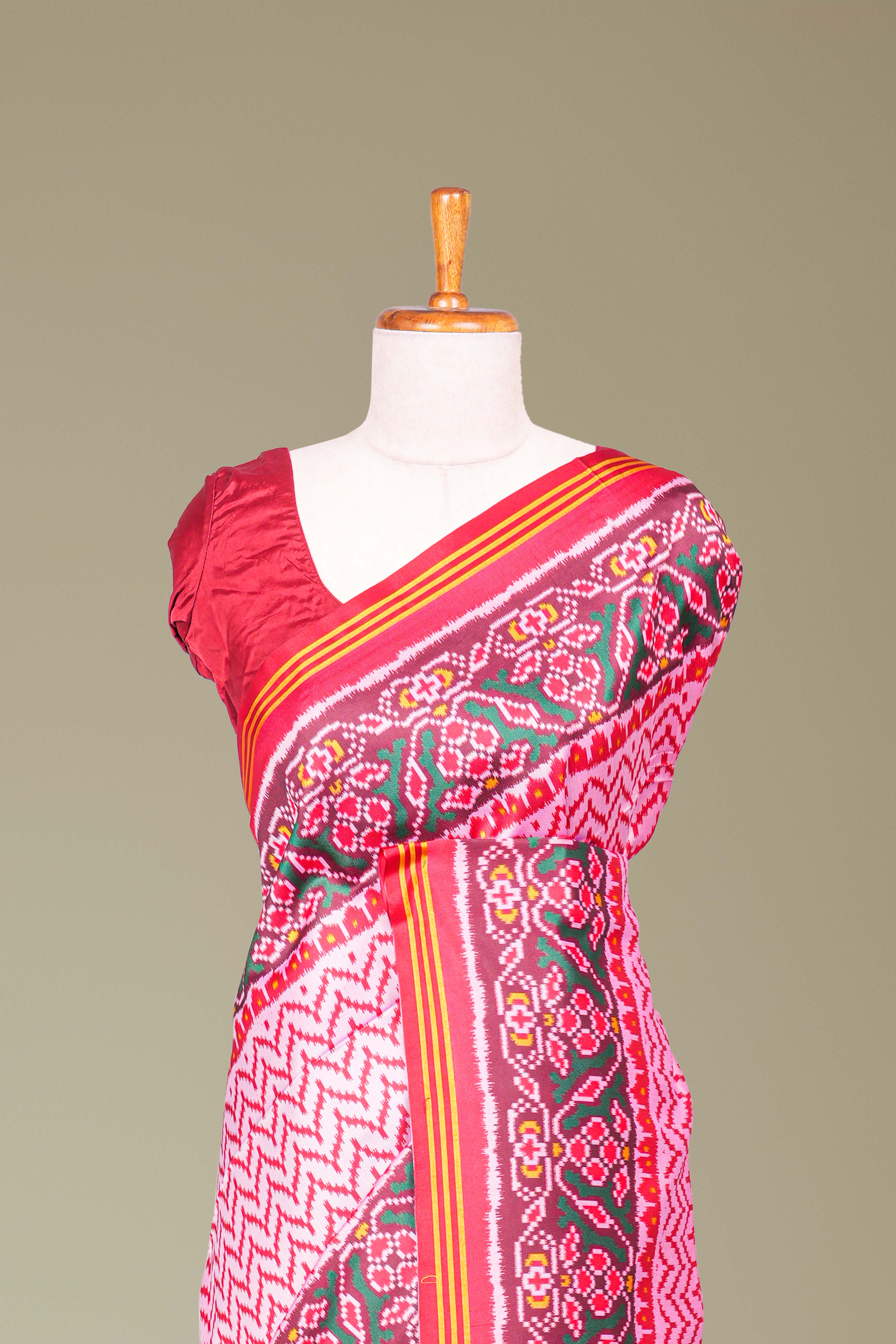Red Art Silk Saree Chevron Design Across The Body With Contrast BorderPatola Design Pallu Along Blouse