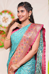 Peacock blue geometric design kota cotton saree with contrast border and printed pallu