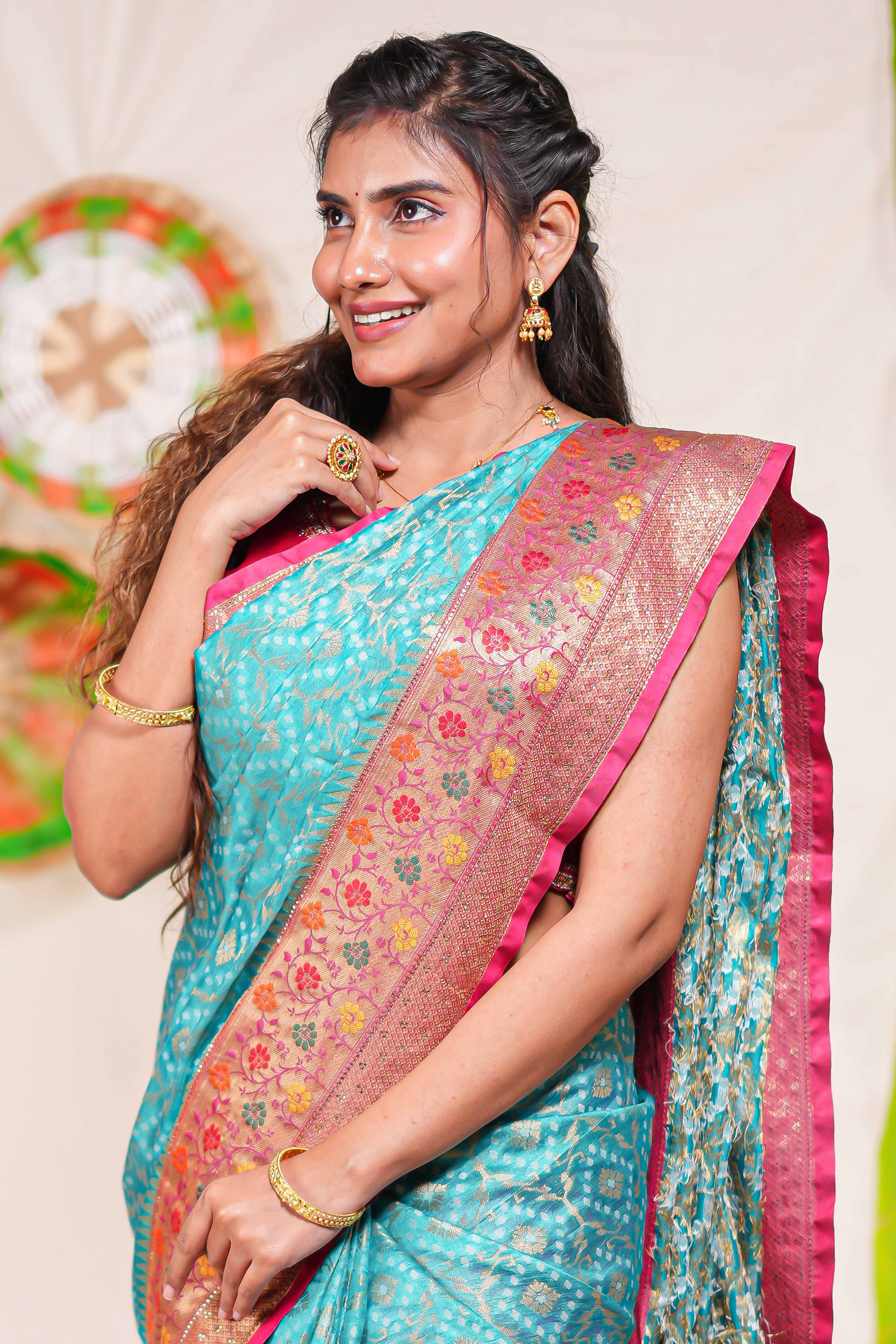 Peacock blue geometric design kota cotton saree with contrast border and printed pallu