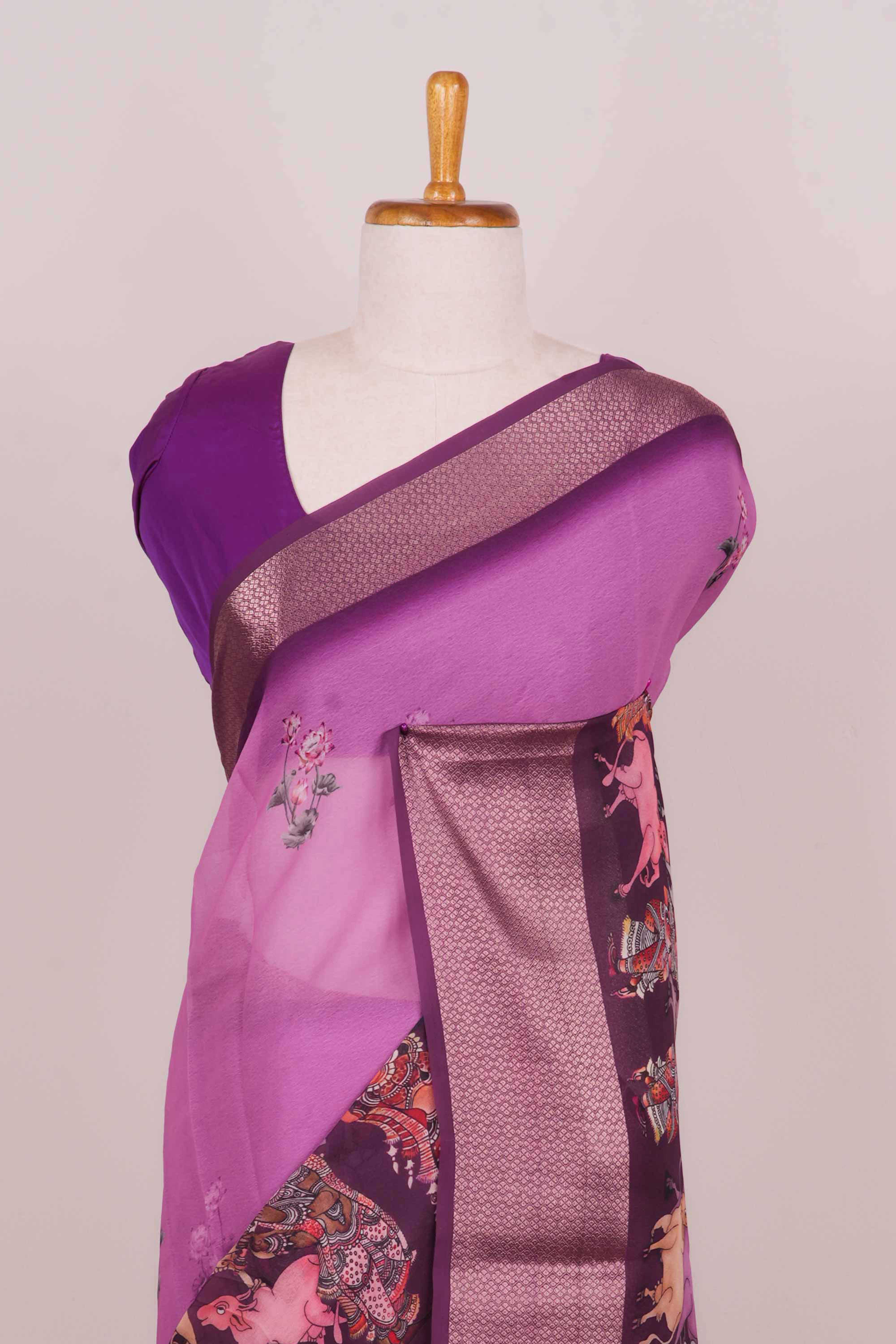 Semi Chiffon and Pattachitra Printed Saree With Jacquard Border Along With Blouse