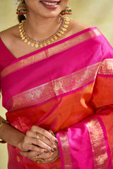 Kanchipuram Vaira Oosi Silk Saree in Bright Pink with Gold Zari and Contrast Magenta Border