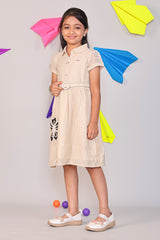 Girls Beige Cotton A-Line Frock - Collared Casual Summer Dress with Belt