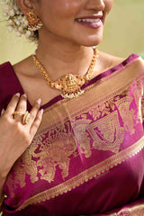 Kanchipuram Traditional Silk Saree in Magenta with Gold Zari Buttas & Self Border