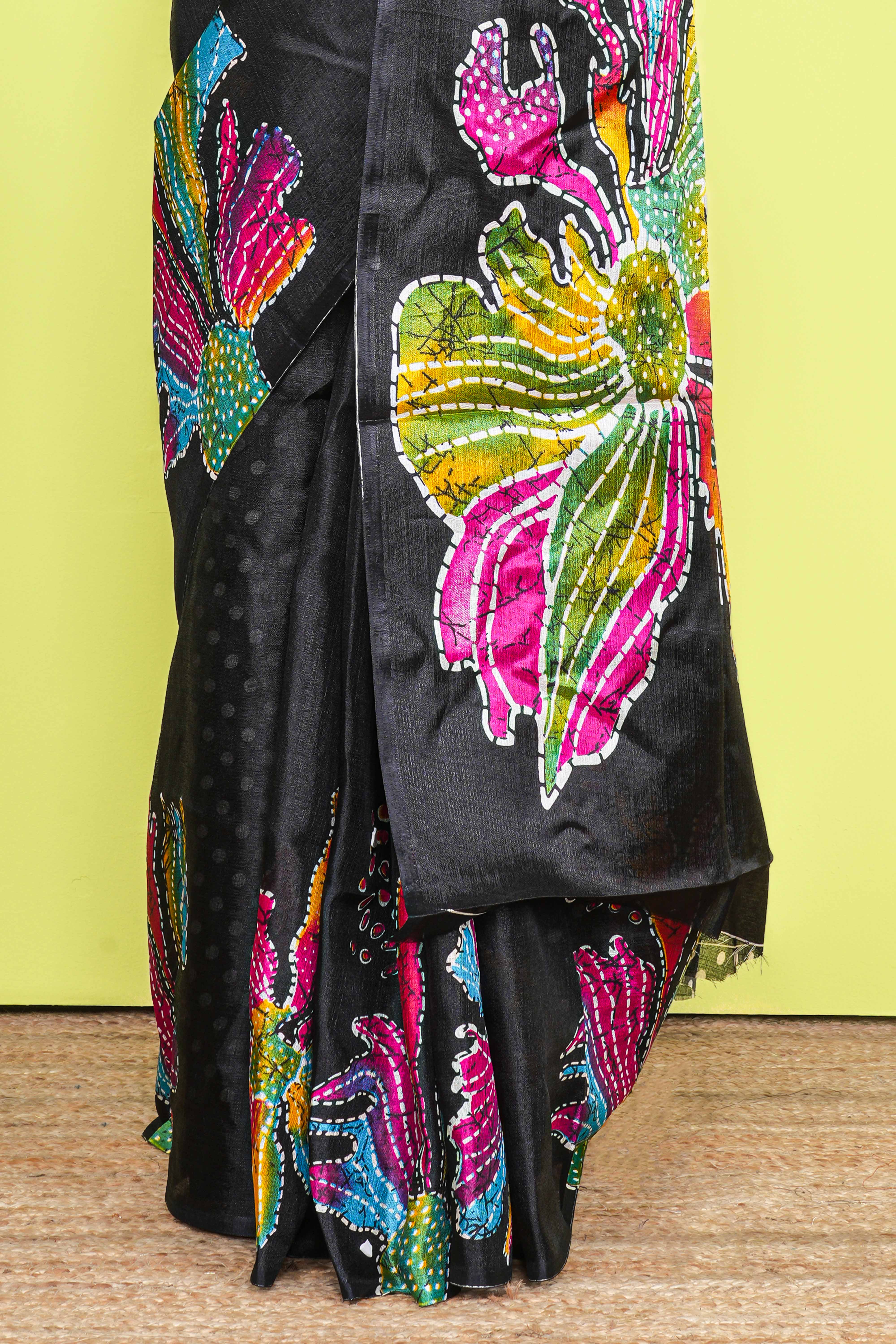 Black south cotton Saree With Multi Color Orchid Printed Across The Body Along With White Dotted Blouse