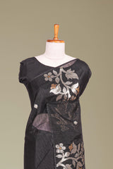 Black Munga Cotton Floral Motifs Weaving Across The Body With Gold Zari Stripes Pallu Along With Butta Design Blouse
