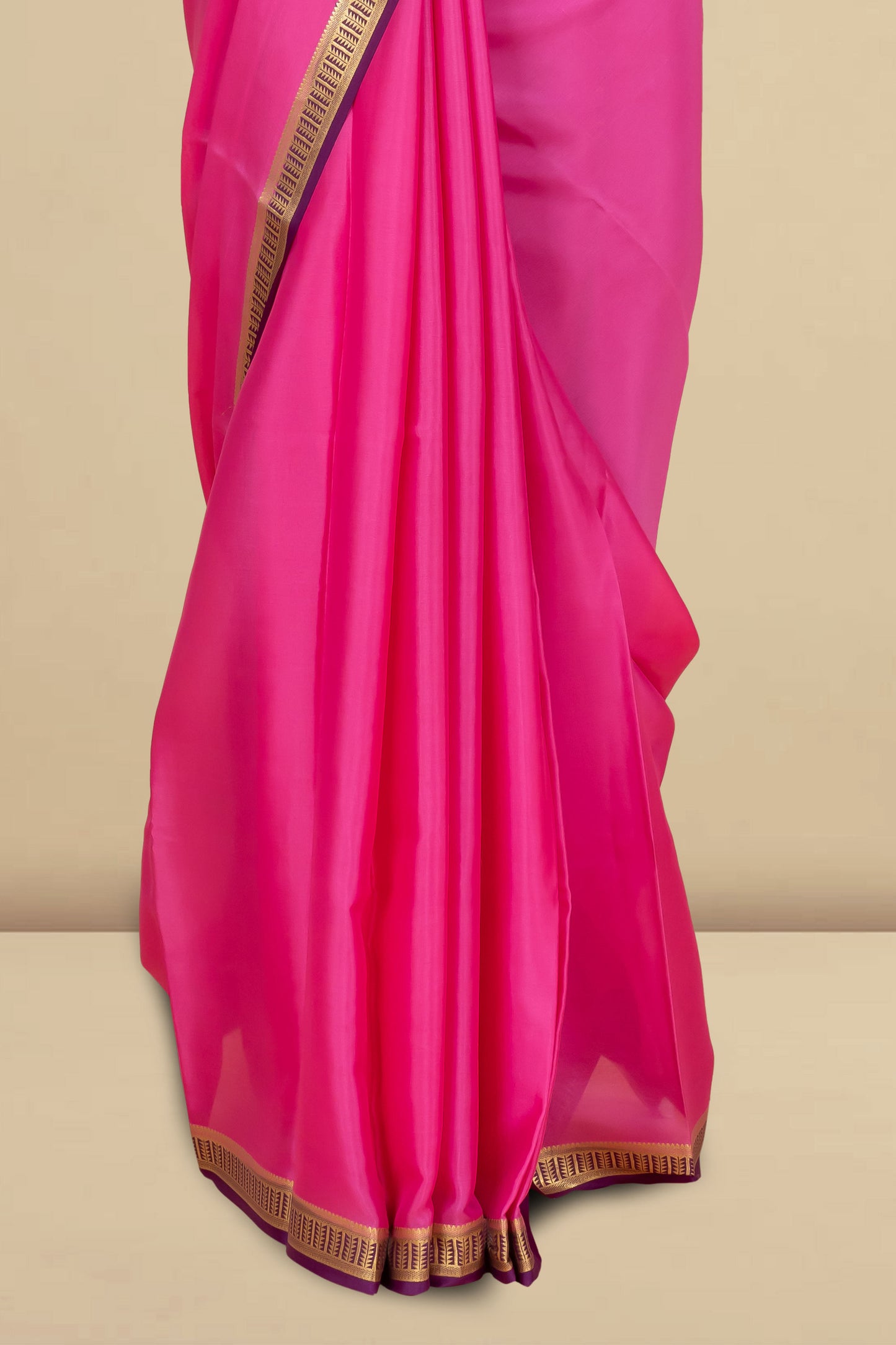 Pure Mysore Silk Saree in Rani Pink with Antique Gold Zari Border & Matching Pallu