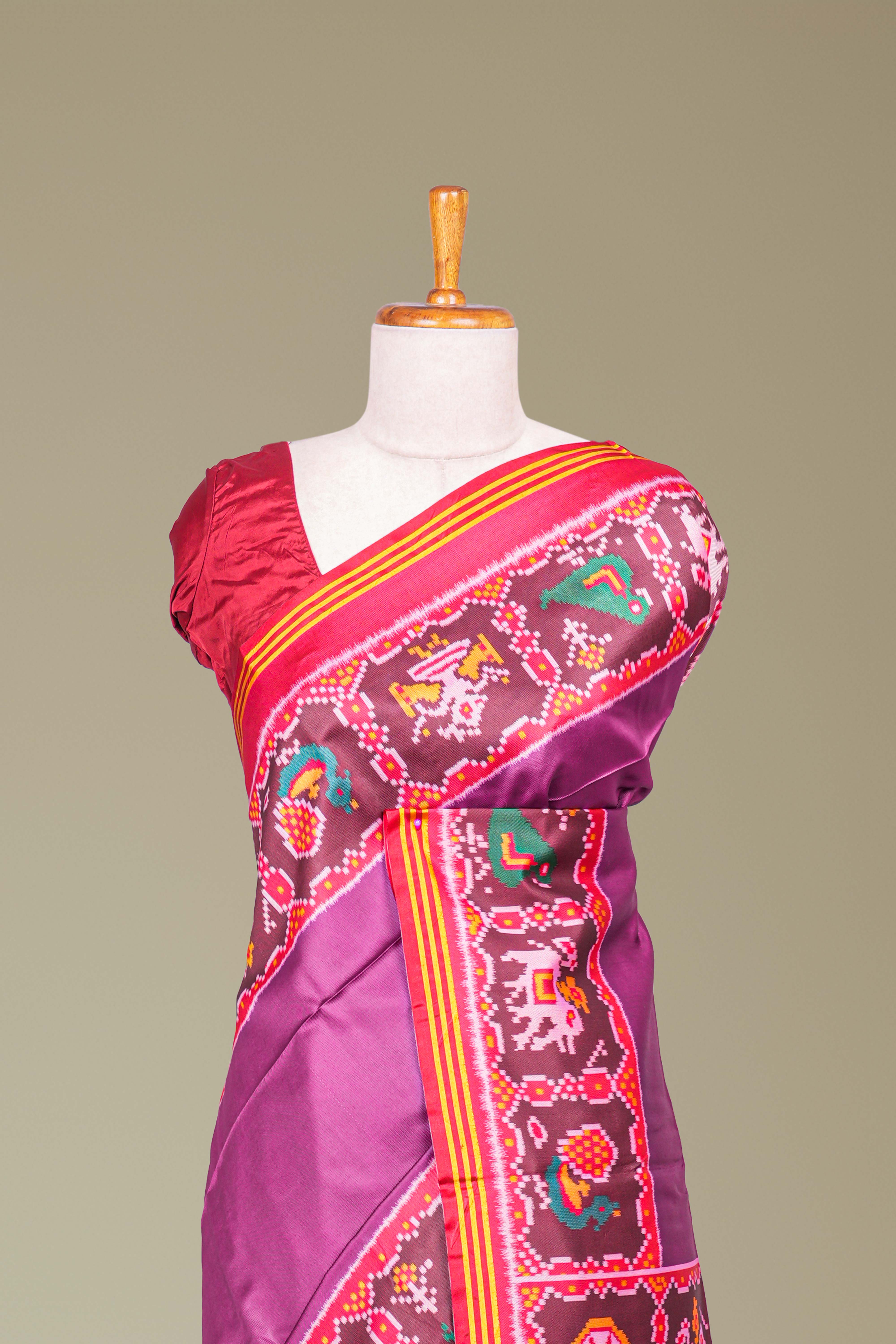 Art Silk Saree Plain Body With Patola Design Pallu Along With Contrast Blouse