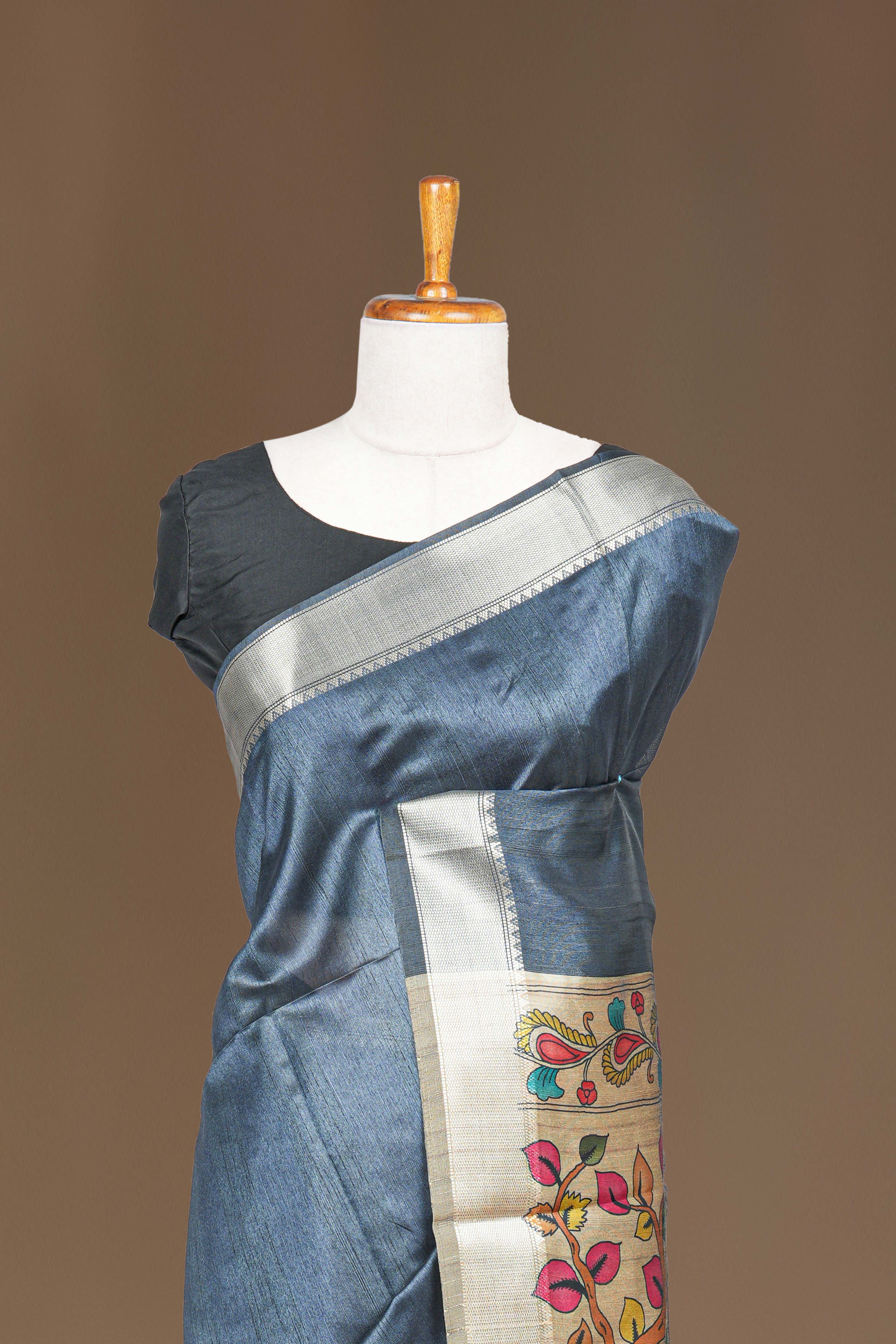 Chappa Tussar Saree Body Plain With Kalamkari Print Pallu Along With Flower Motifs Blouse
