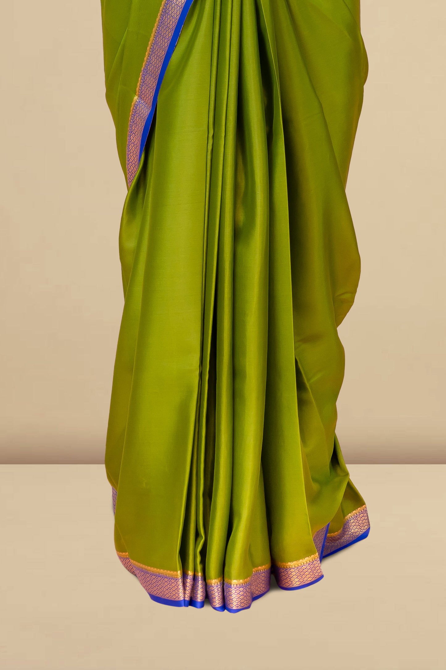 Graceful Olive Green Pure Mysore Silk Saree with Contrasting Blue-Silver Zari Border & Classic Striped Blue Pallu