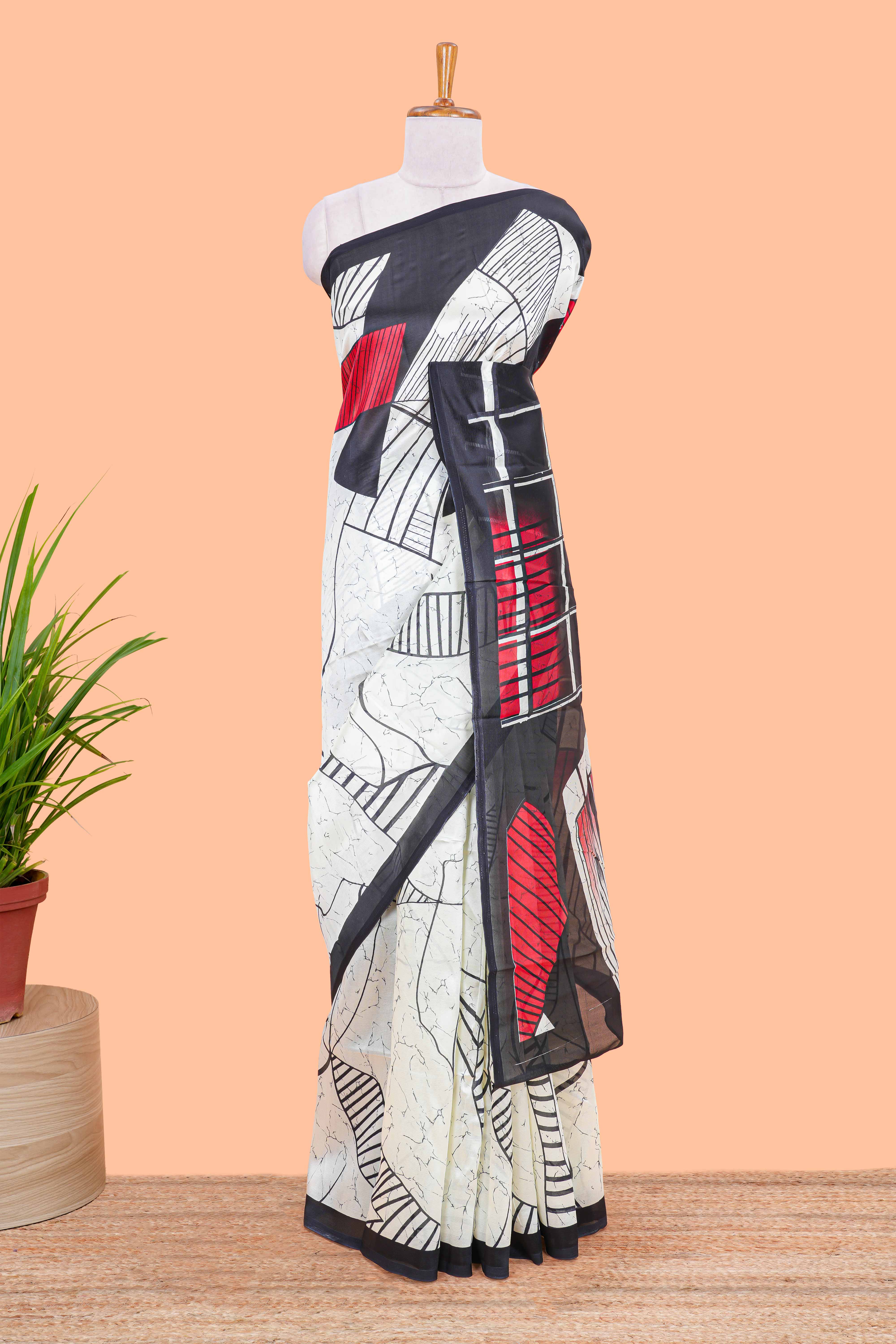 White geometric art lichi silk saree, contrast border and blouse and printed pallu