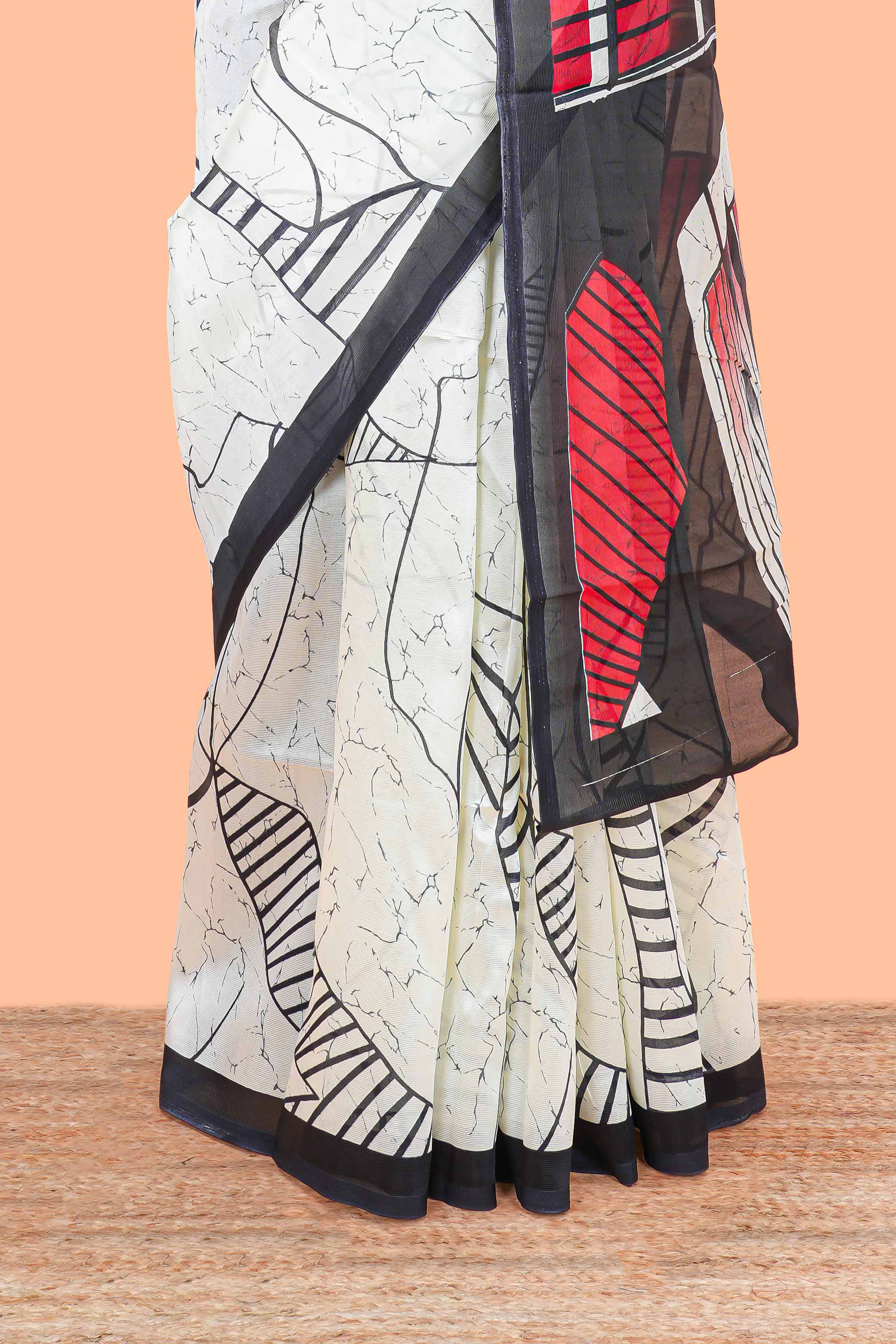 White geometric art lichi silk saree, contrast border and blouse and printed pallu