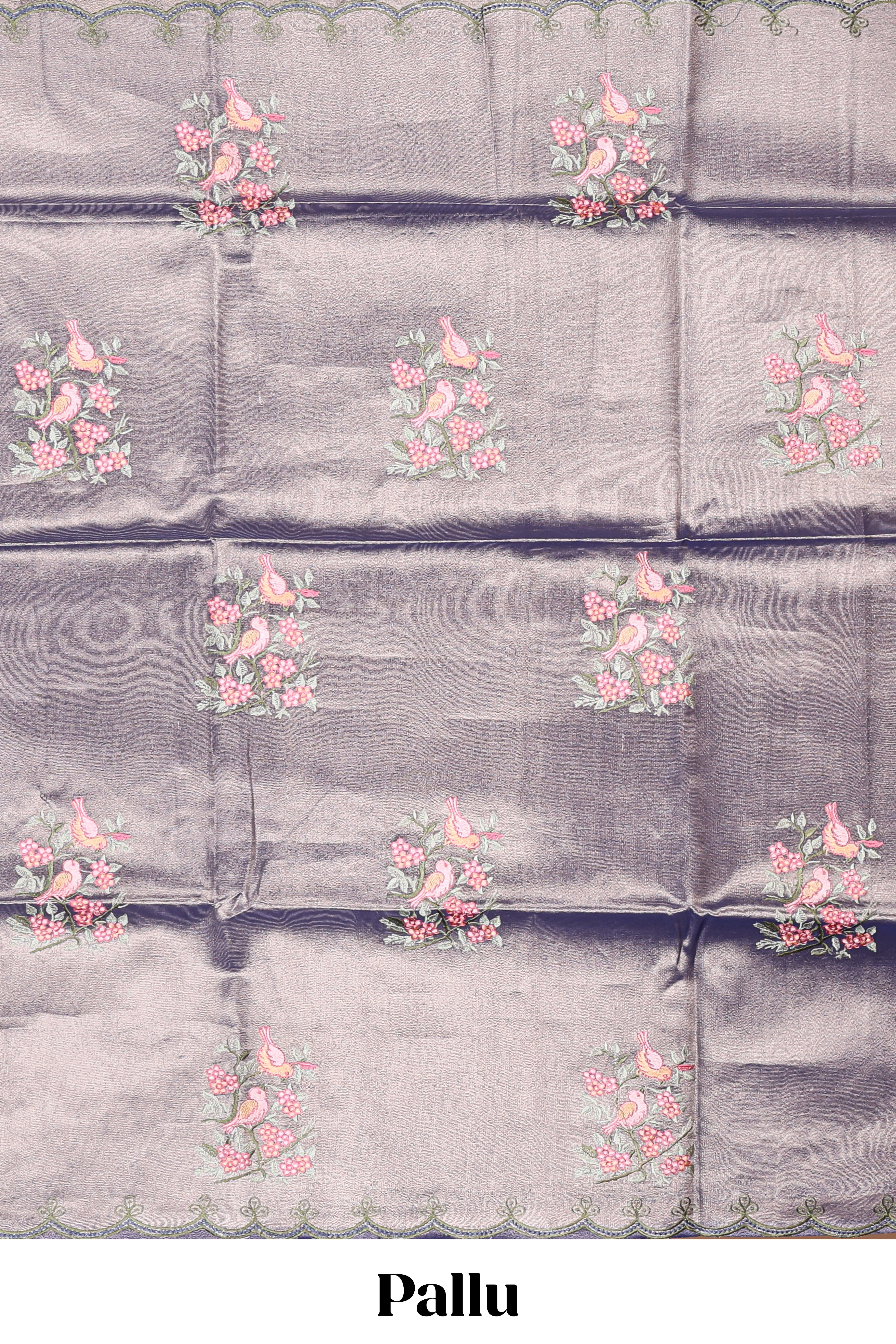 Steel blue floral design motifs art tissue saree with scallop design border and matching plain blouse