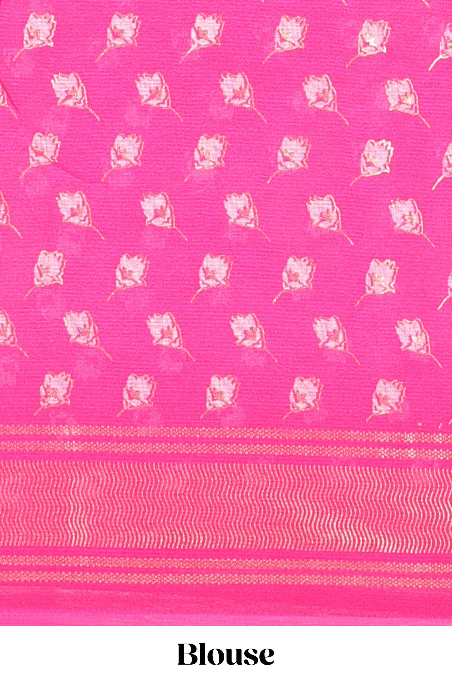 Rose pink moss chiffon floral print saree with gold zari border and pallu