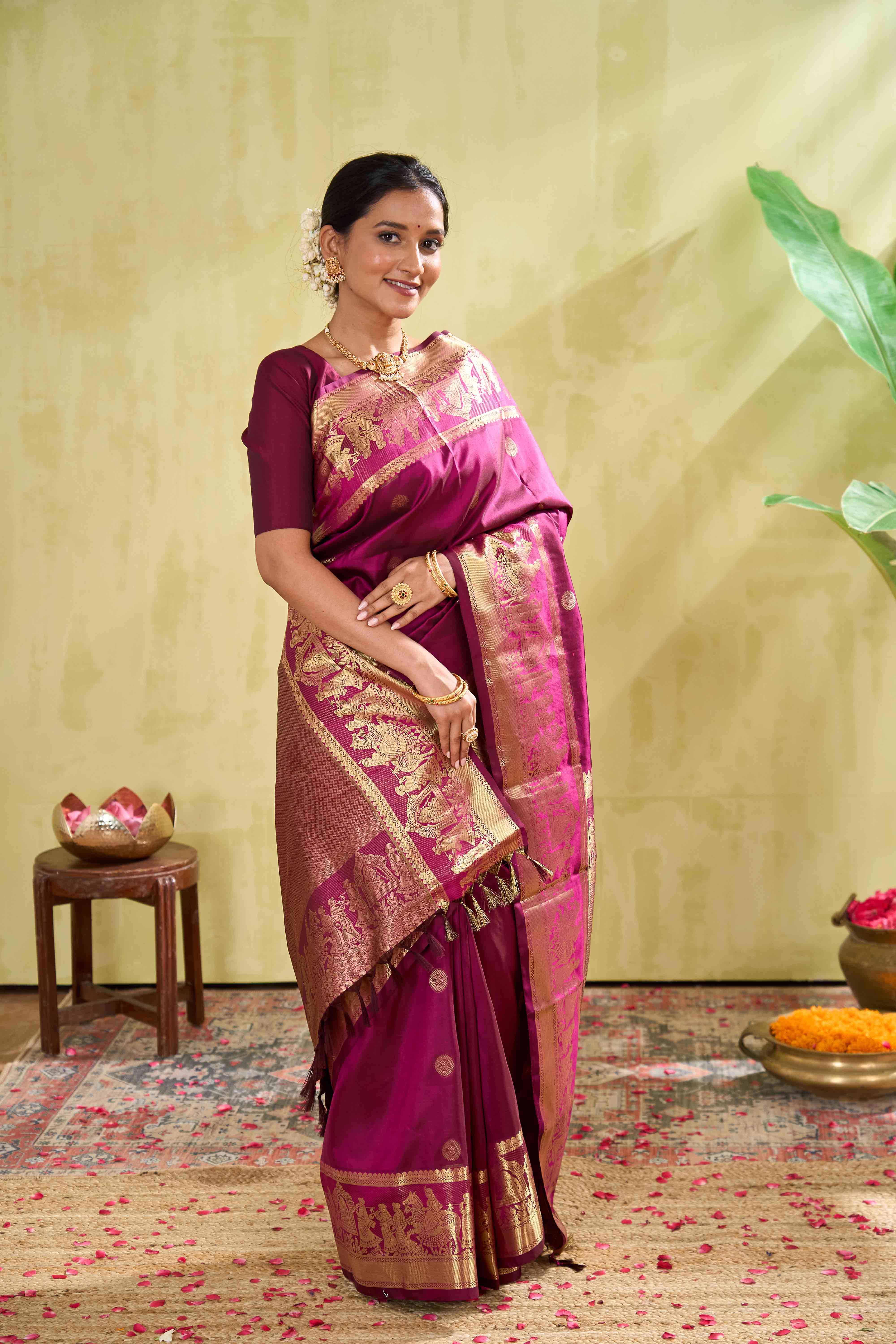 Kanchipuram Traditional Silk Saree in Magenta with Gold Zari Buttas & Self Border