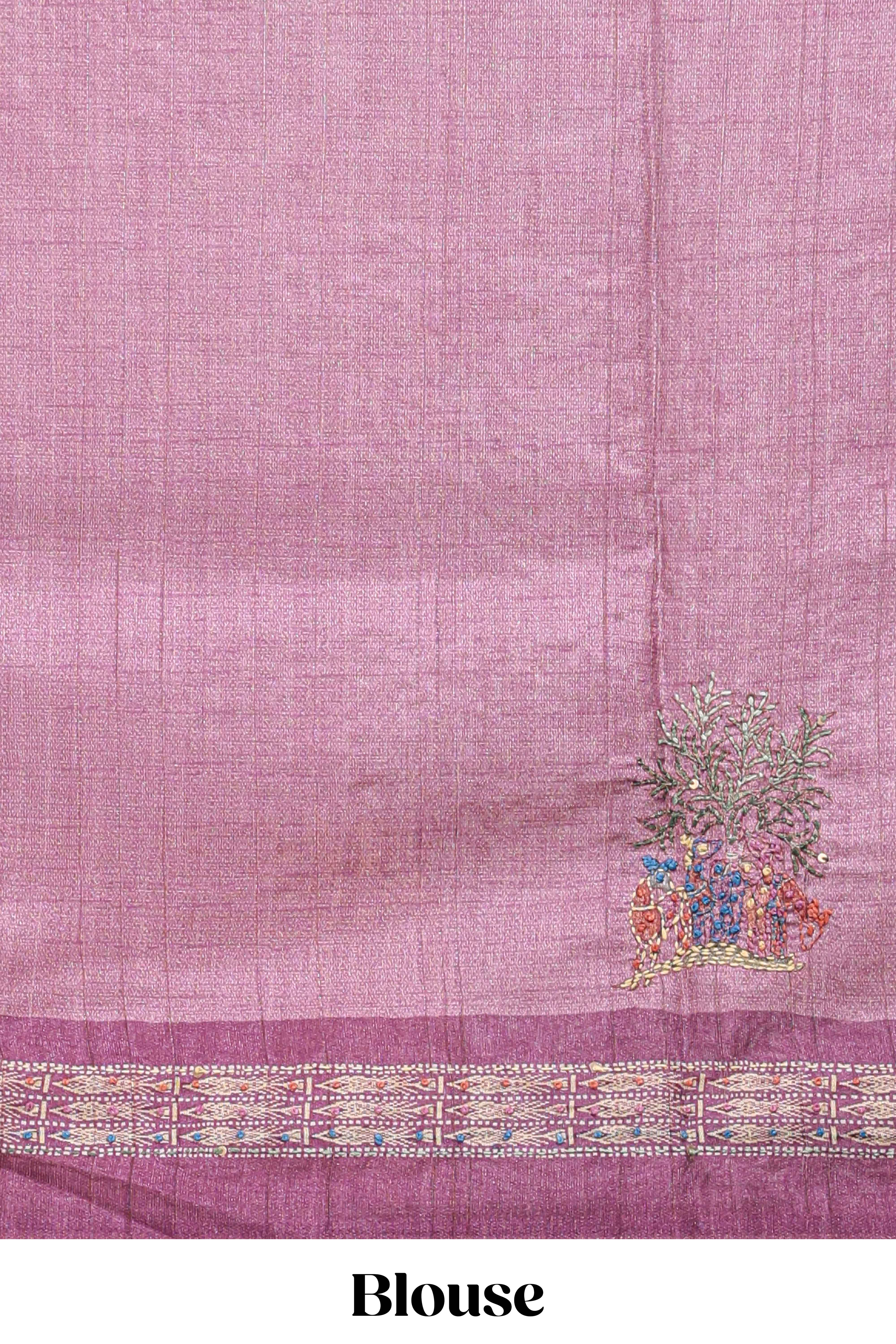 Tussar saree in beige tone delicate floral embroidery featuring violet borders and woven pallu along with contrast blouse