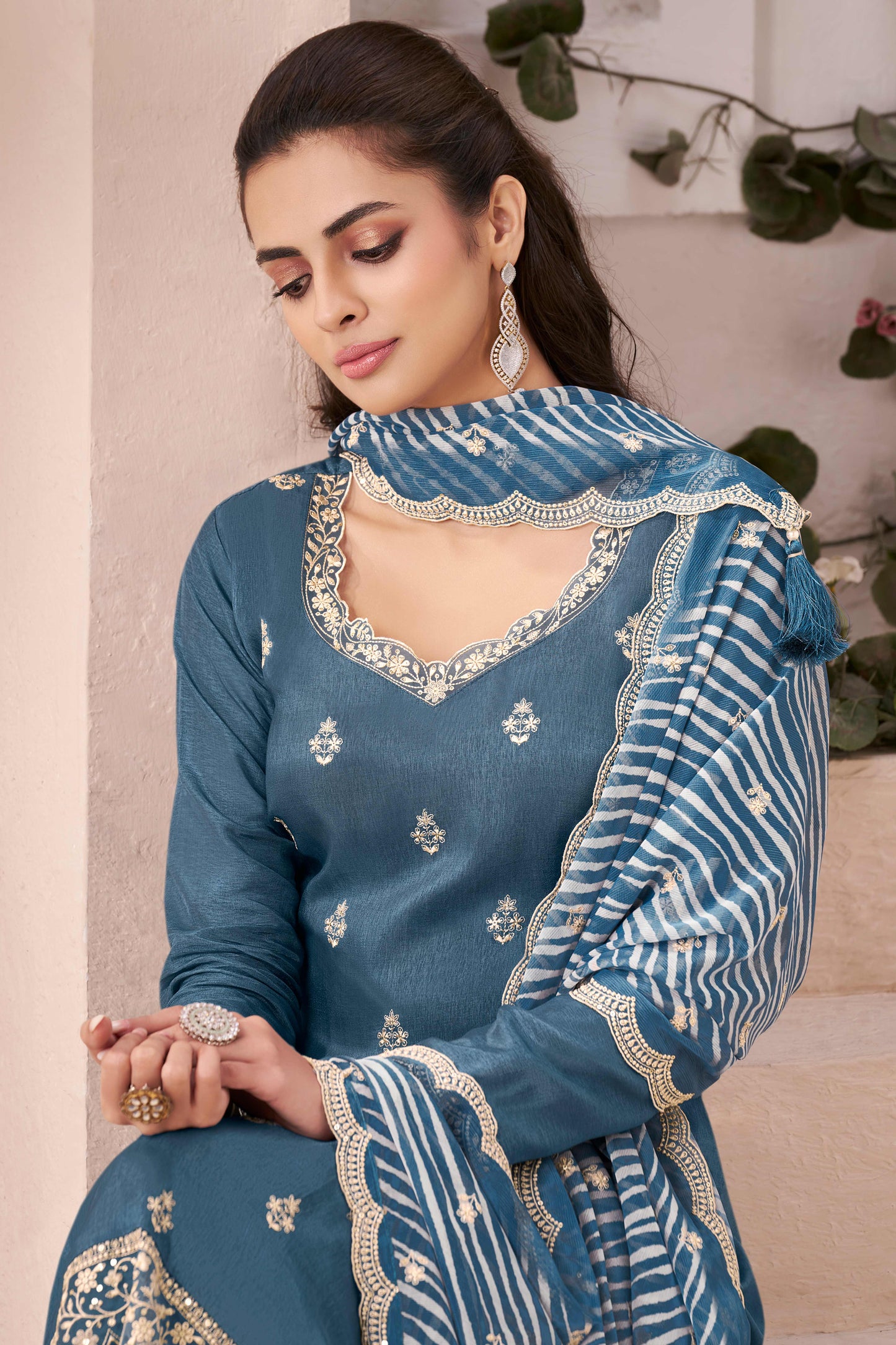 Blue munga silk embroidered chudidhar material with printed dupatta