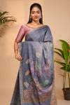 Blue floral design semi tussar saree with self border and matching printed blouse