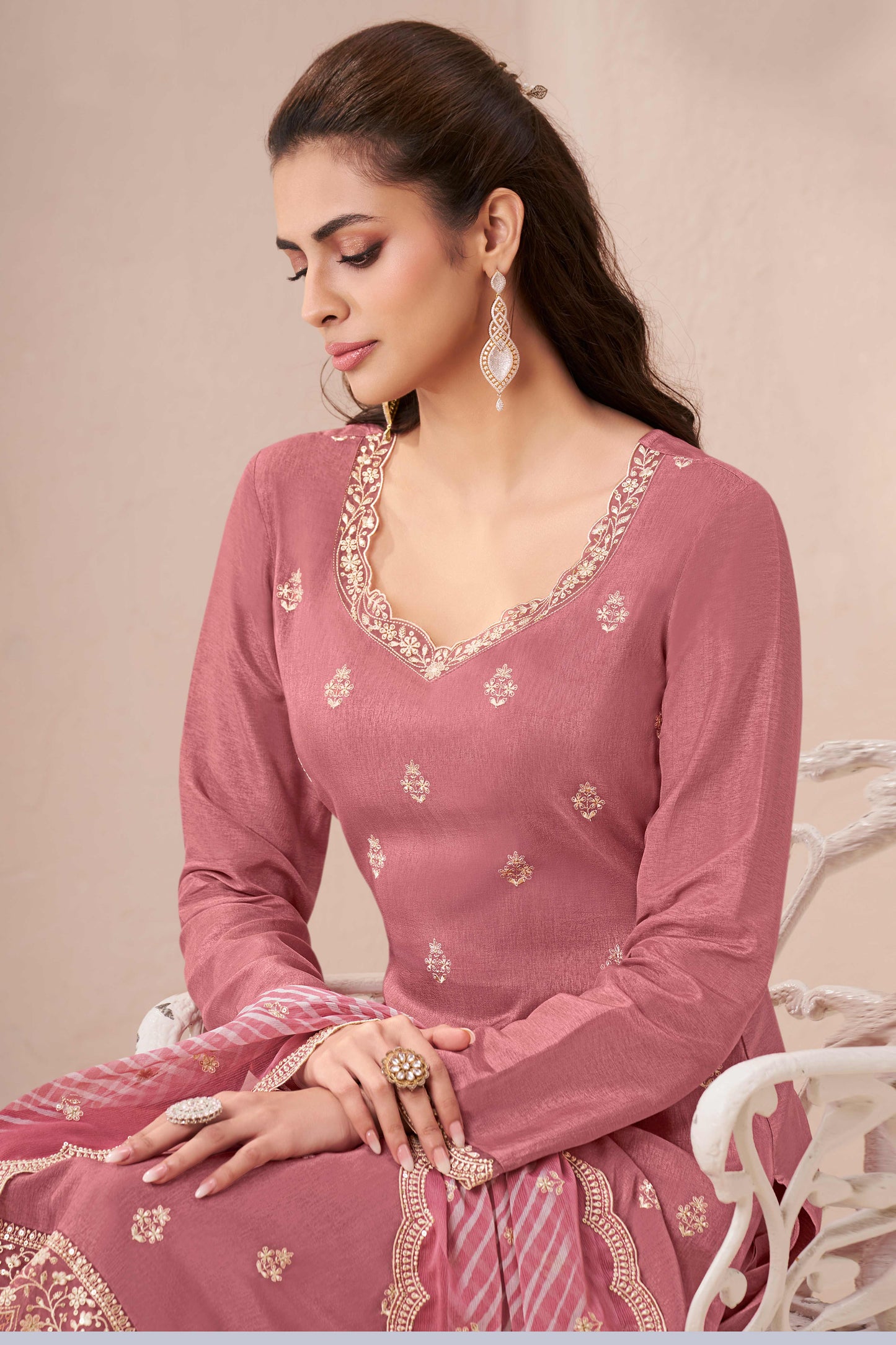 Peach munga silk embroidered chudidhar material with printed dupatta