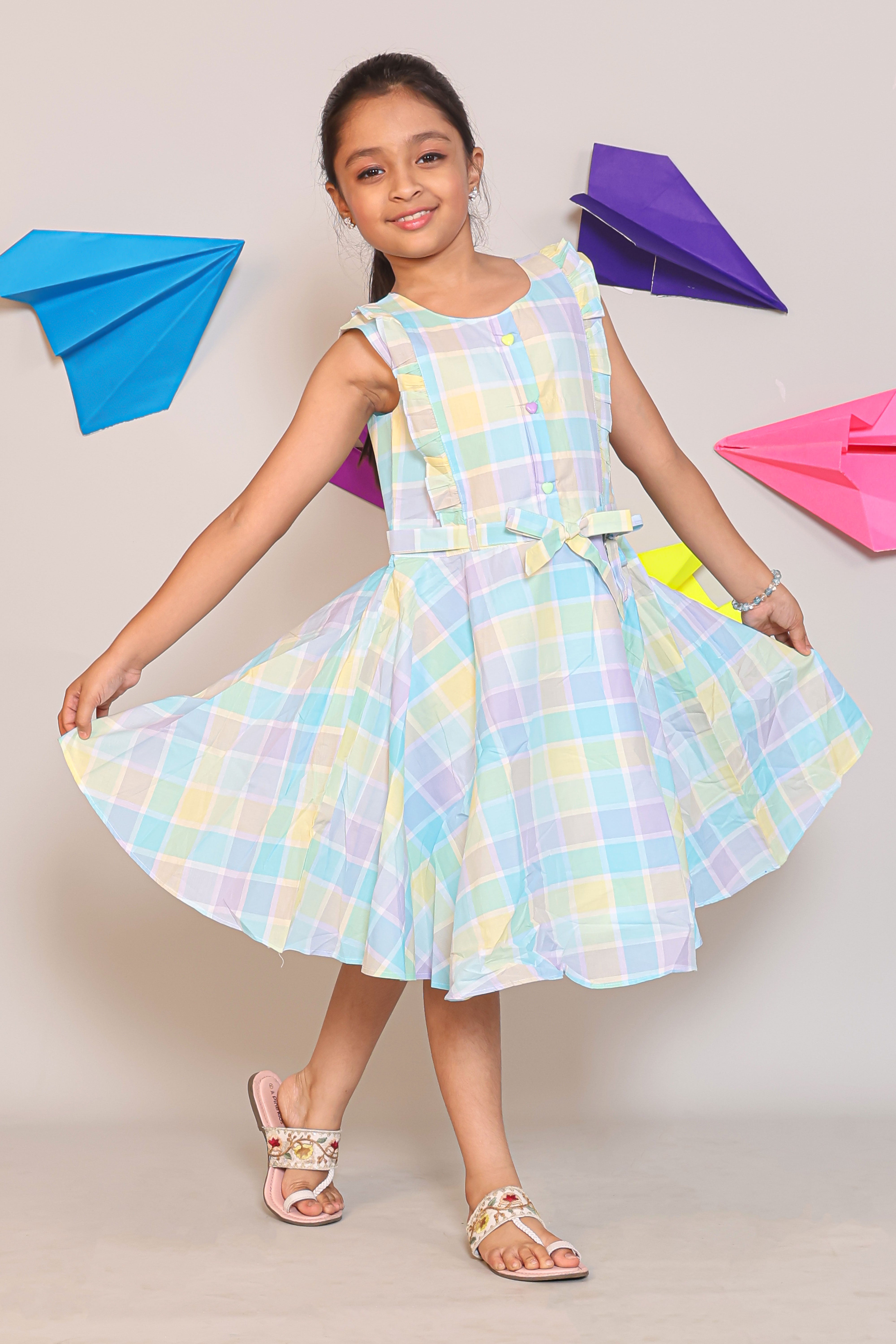 Multi-Color Sleeveless Checked A-Line Dress for Girls -Summer Casual Wear