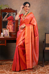 Orange colour Semi Soft Silk Saree with intricate gold zari floral vine weaving patterns and Rich zari woven pallu with Matching blouse