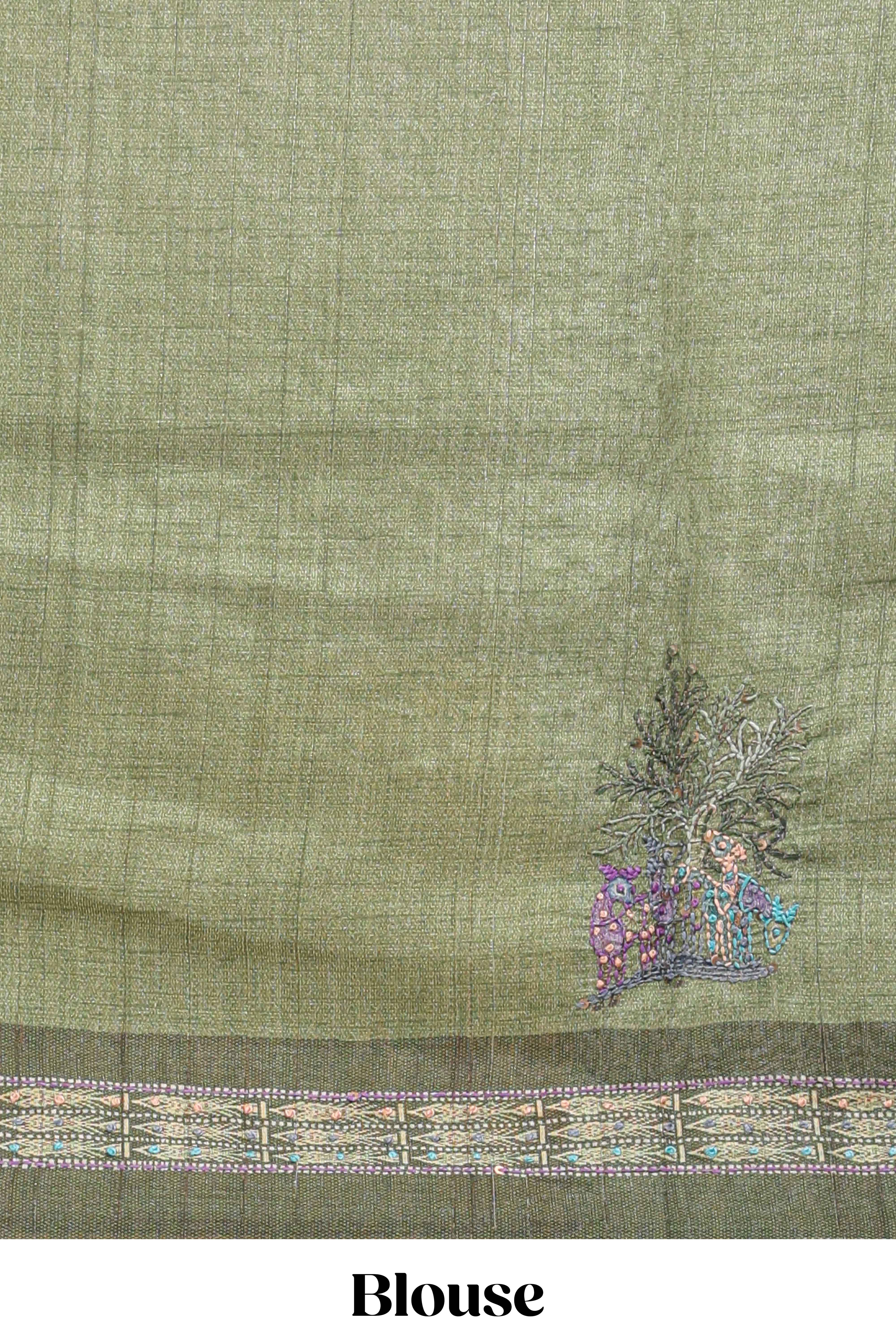 Tussar saree in beige tone delicate floral embroidery featuring dark green borders and woven pallu along with contrast blouse