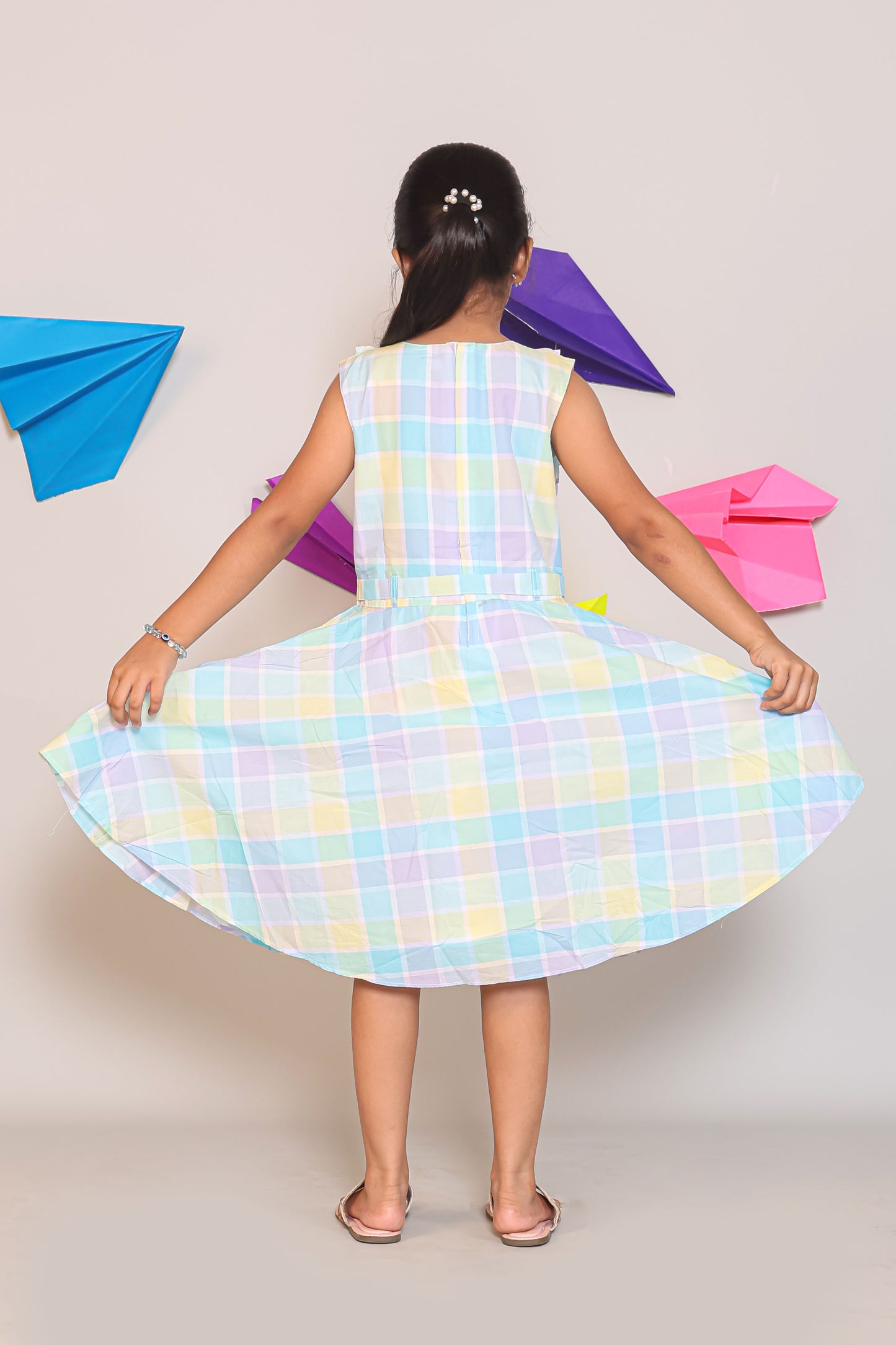 Multi-Color Sleeveless Checked A-Line Dress for Girls - Summer Casual Wear
