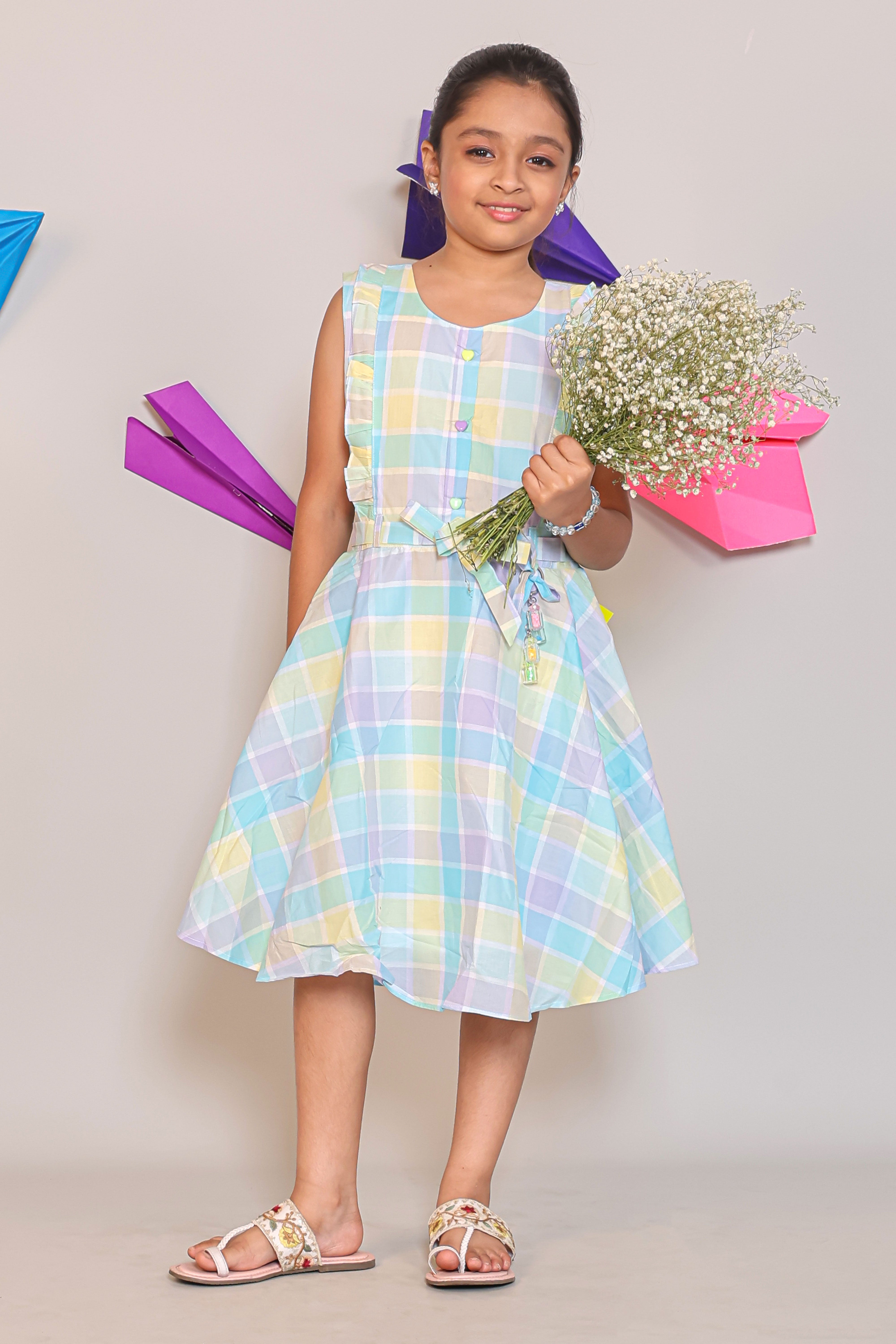 Multi-Color Sleeveless Checked A-Line Dress for Girls -Summer Casual Wear