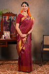 Red Maroon Semi soft Silk Saree Gold Zari Lines and Peacock ButtaswithZari Border and Matching Blouse