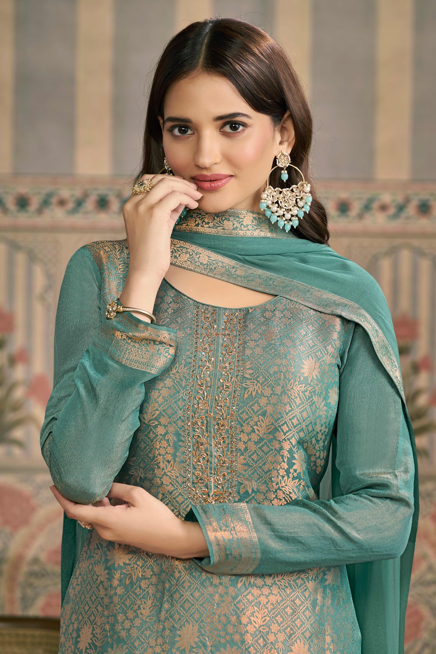 Green viscose shimmer jacquard chudidhar material set with pant and dupatta