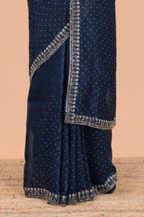 Blue designer georgette space silk saree with heavy stone & beads work, short pallu & contrast sequin embroidered blouse