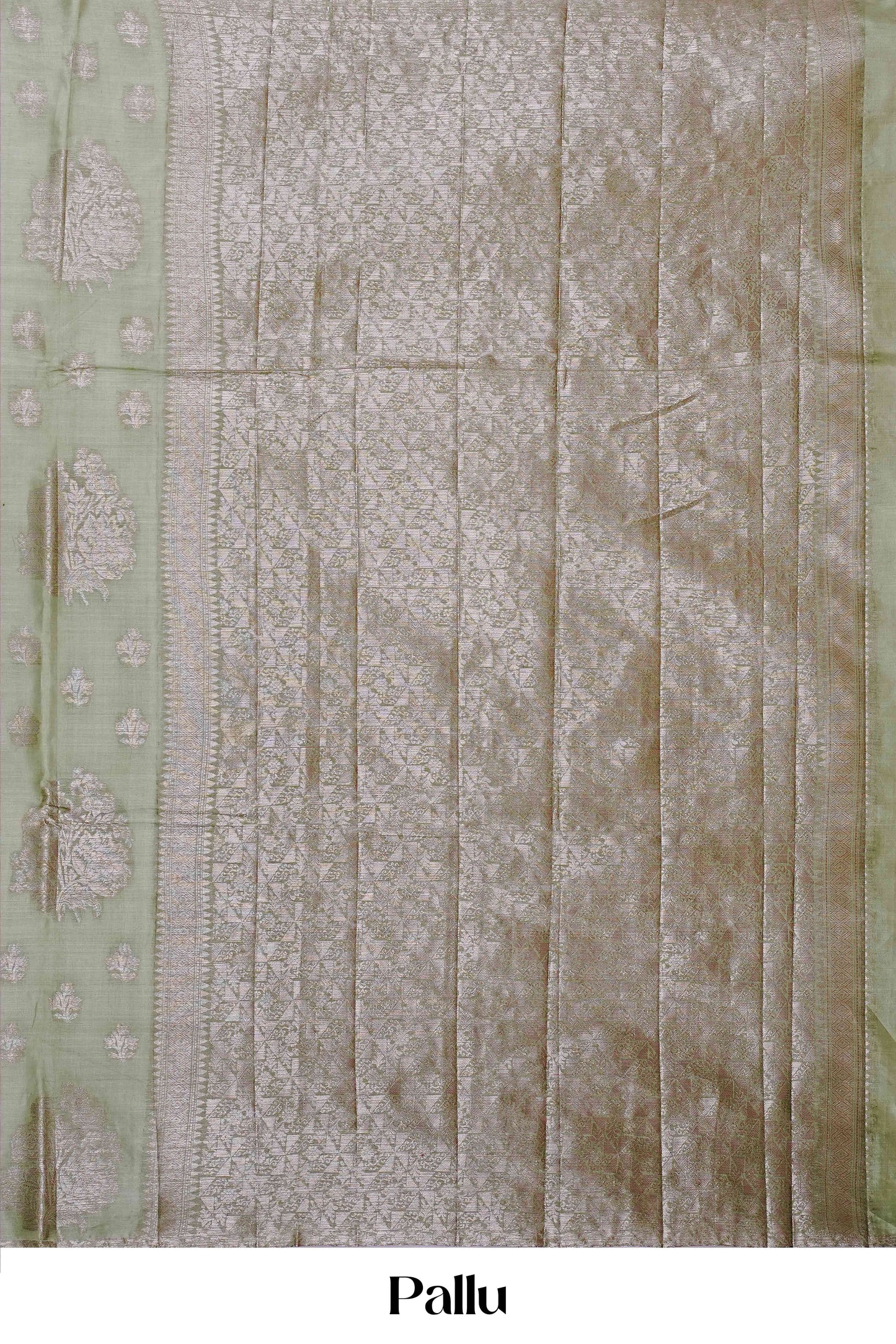 Elegant Pure Tussar Silk Saree in Pastel Olive Green with Subtle Self-Colour Butta Weave and Refined Minimalist Finish