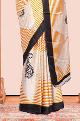 Yellow Modal Silk Saree Lightweight ,Flowy. Chevron Design Contrast Border