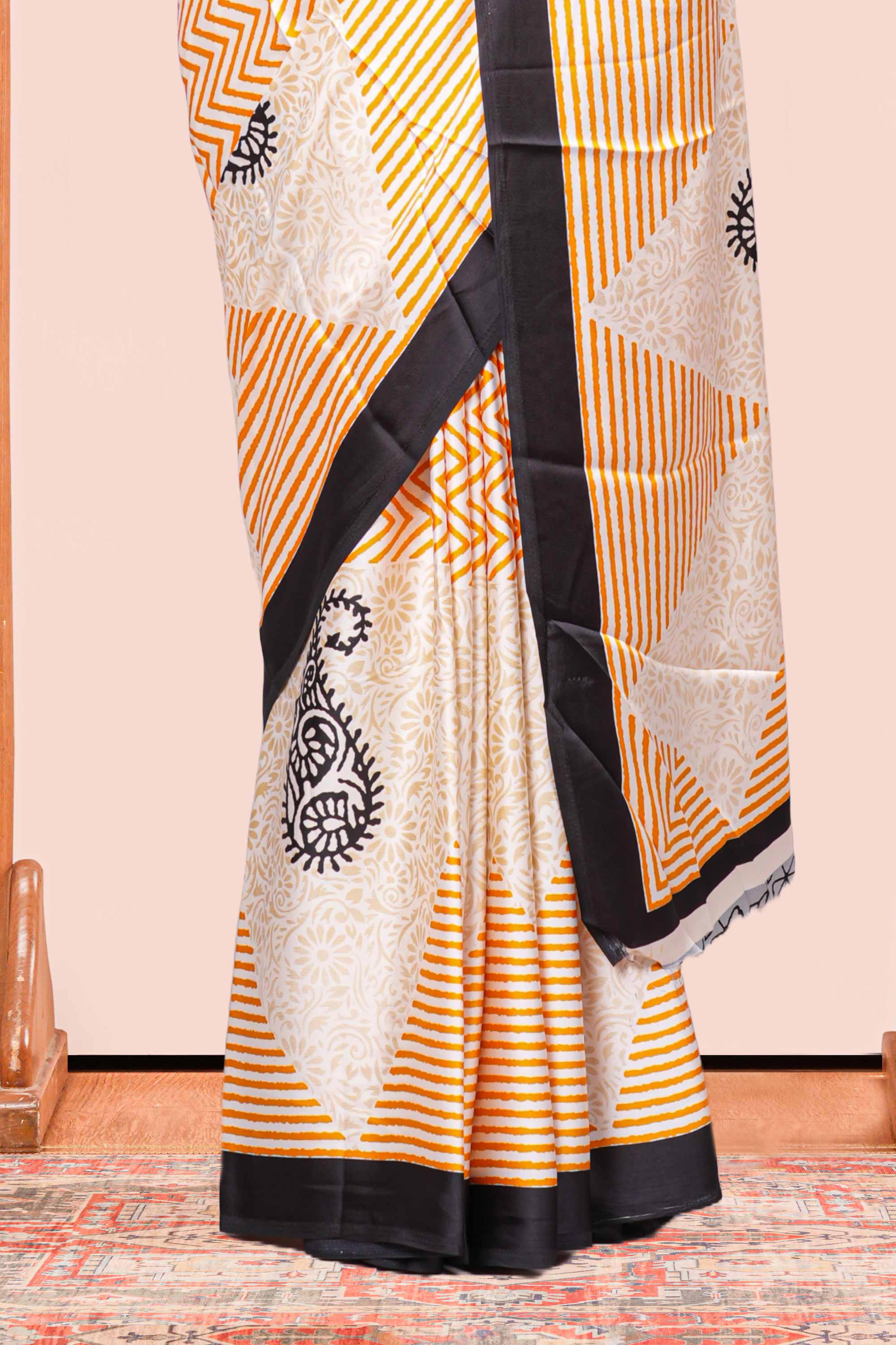 Yellow Modal Silk Saree Lightweight ,Flowy. Chevron Design Contrast Border