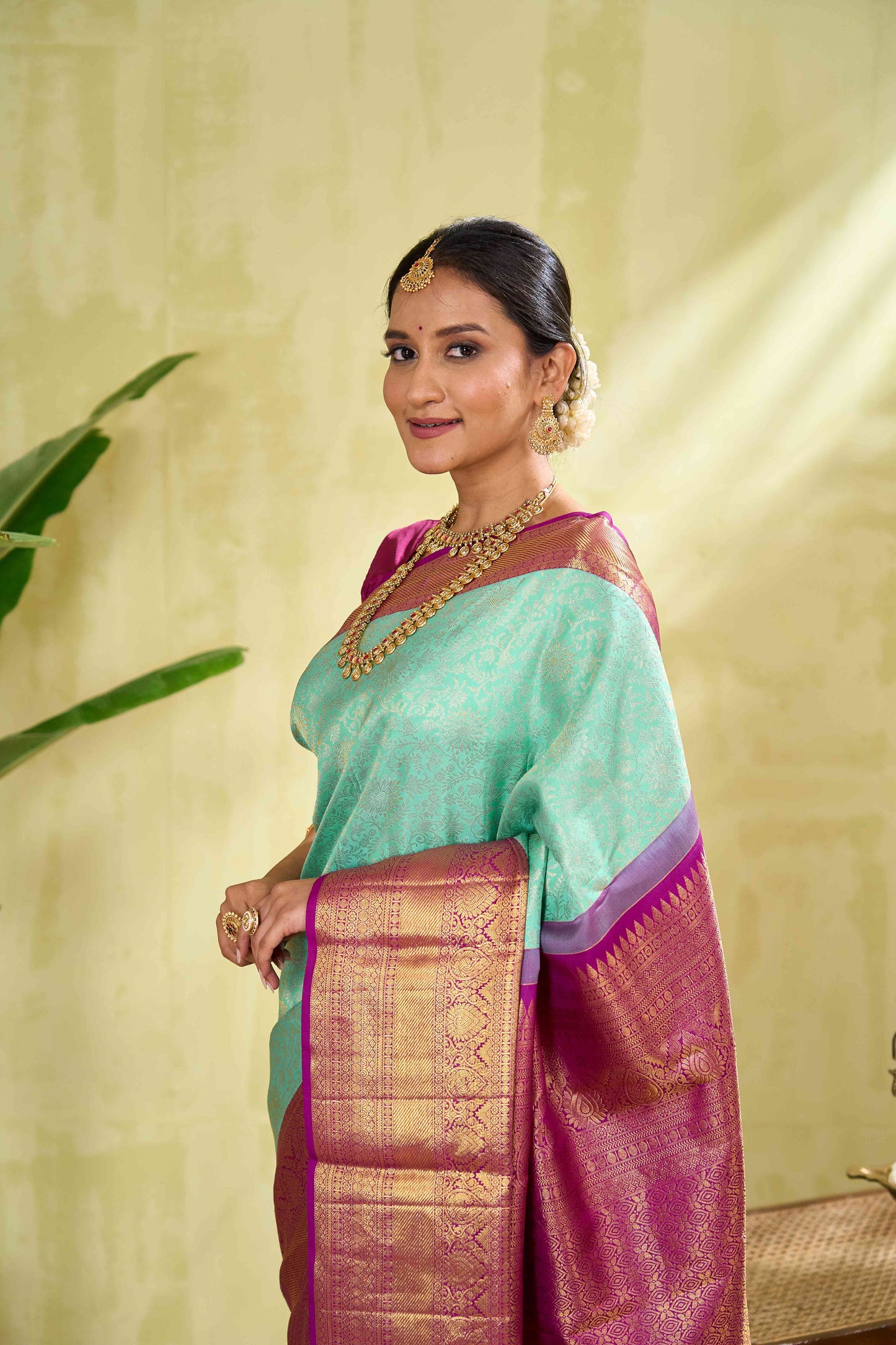 Cream Jacquard Work Swayamvara Pattu Saree with Golden Zari Woven Border & Silver Highlighted Pallu