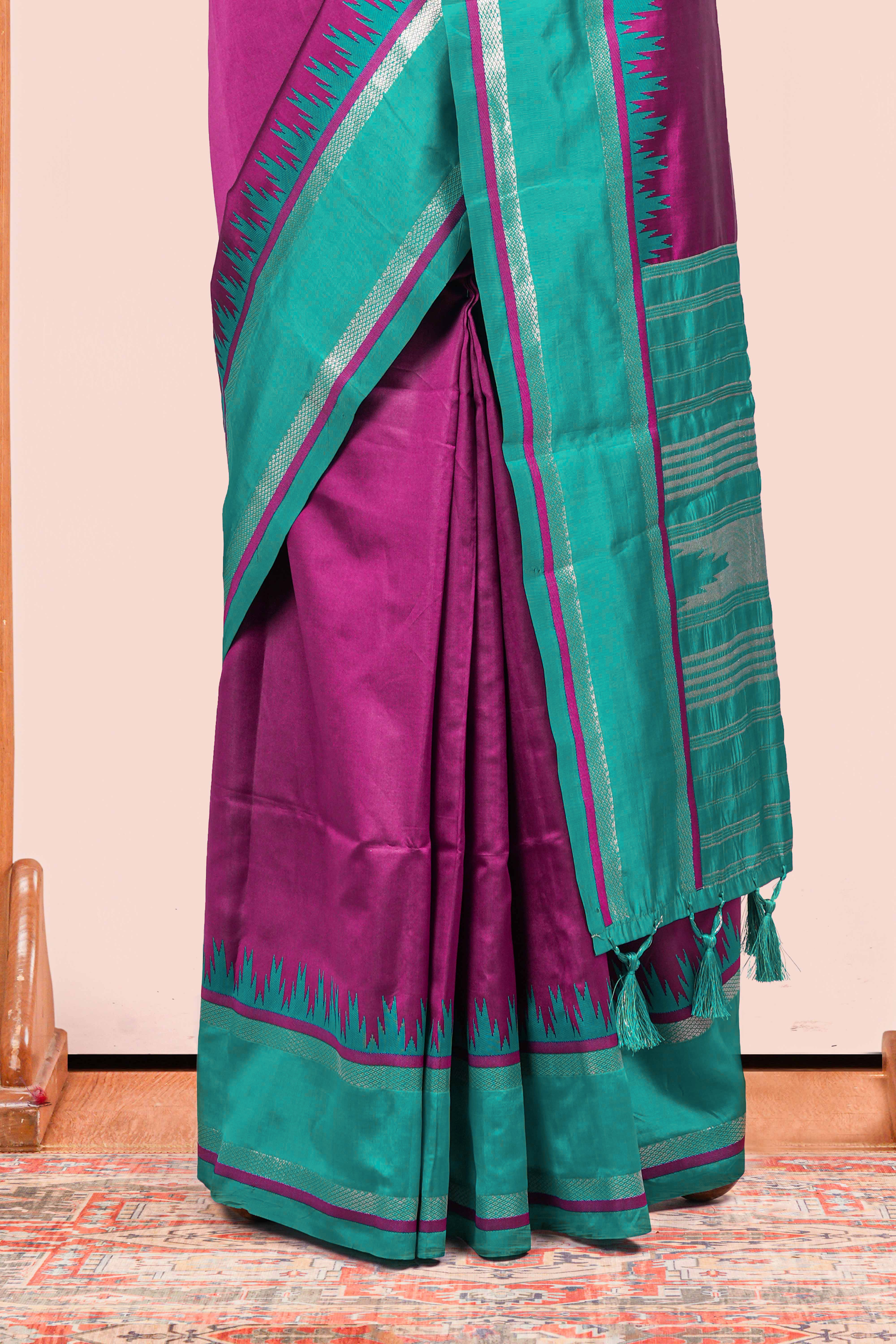 Purple Retta Petta Art Silk Saree With Plain Body Retta Petta Border Contrast Intricate Gold Zari Stripes Pallu