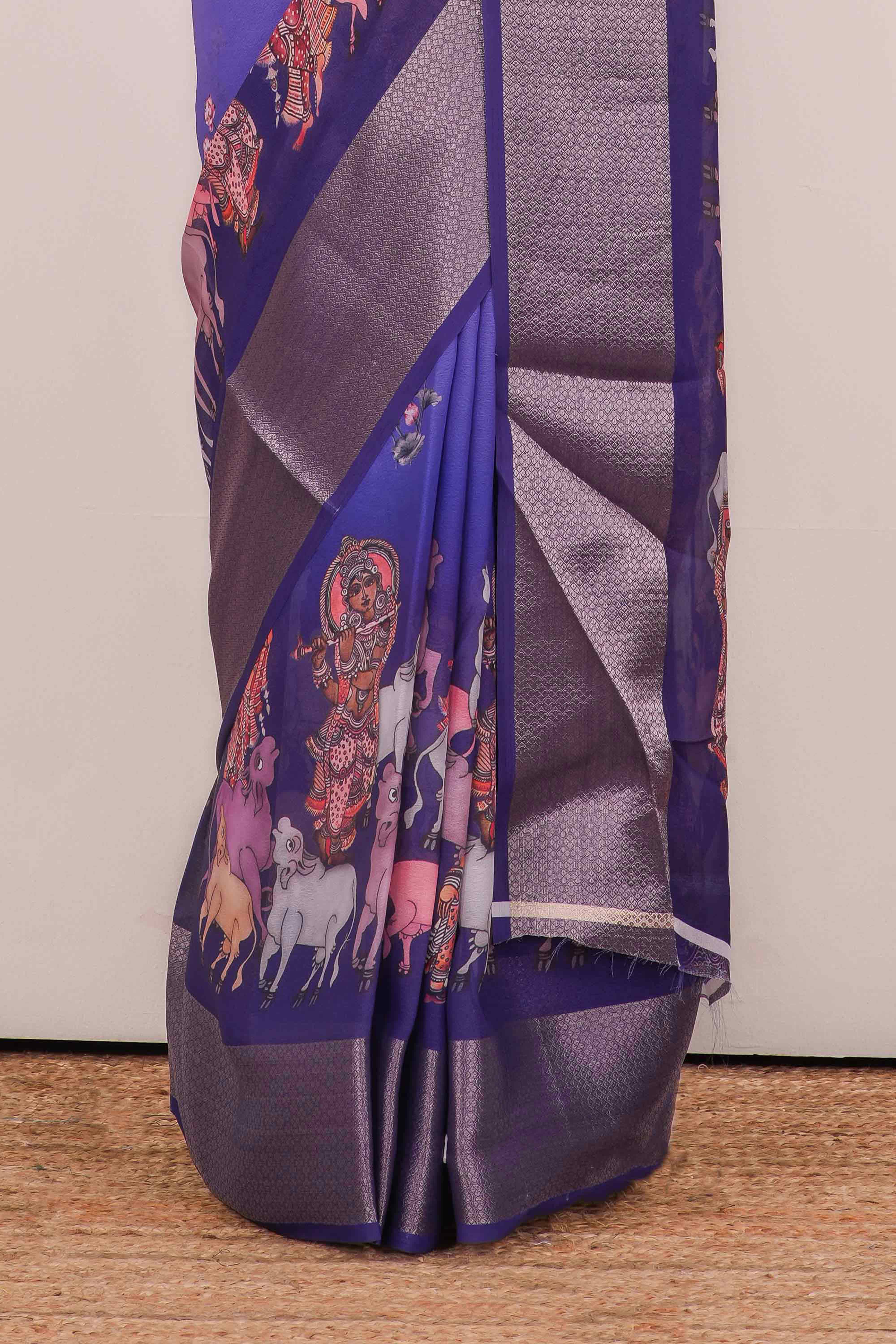 Lavender Semi Chiffon Saree pattachitra Printed Across The Body and Jacquard Border Along With Floral Design and Blouse