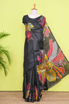 Black south cotton Saree With Multi Color Orchid Printed Across The Body Along With White Dotted Blouse