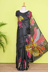 Black south cotton Saree With Multi Color Orchid Printed Across The Body Along With White Dotted Blouse