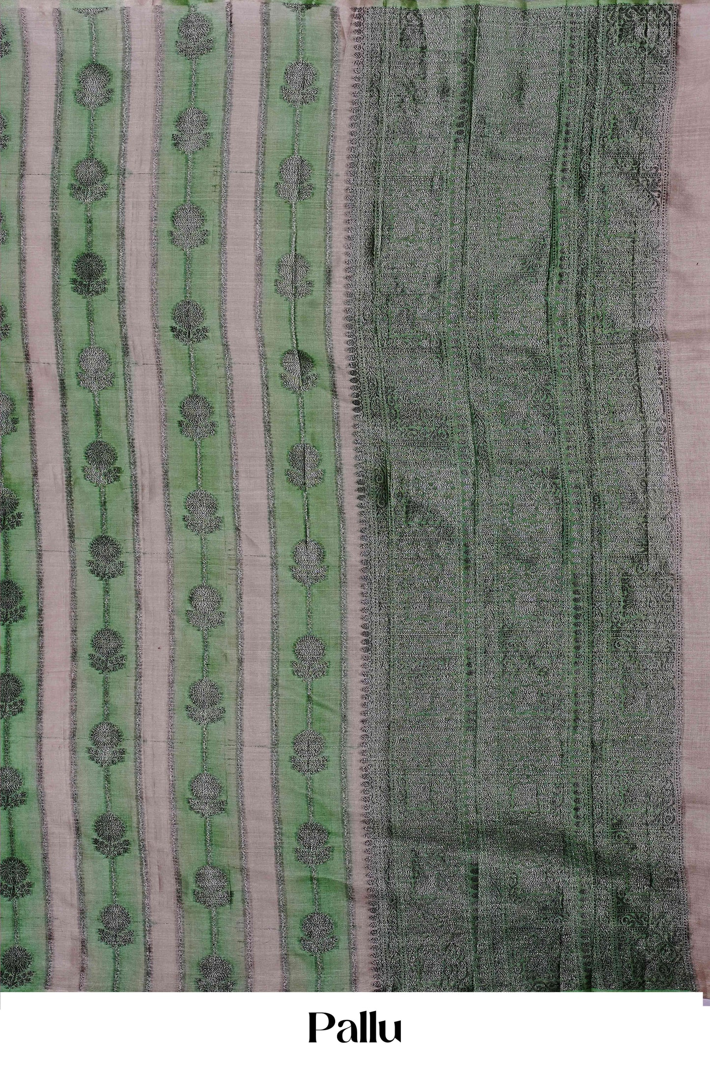 Exquisite Pure Tussar Silk Saree in Fresh Green with Silver Zari Stripes, Intricate Self-Colour Floral Butta Motifs, and Elegant Traditional Drape