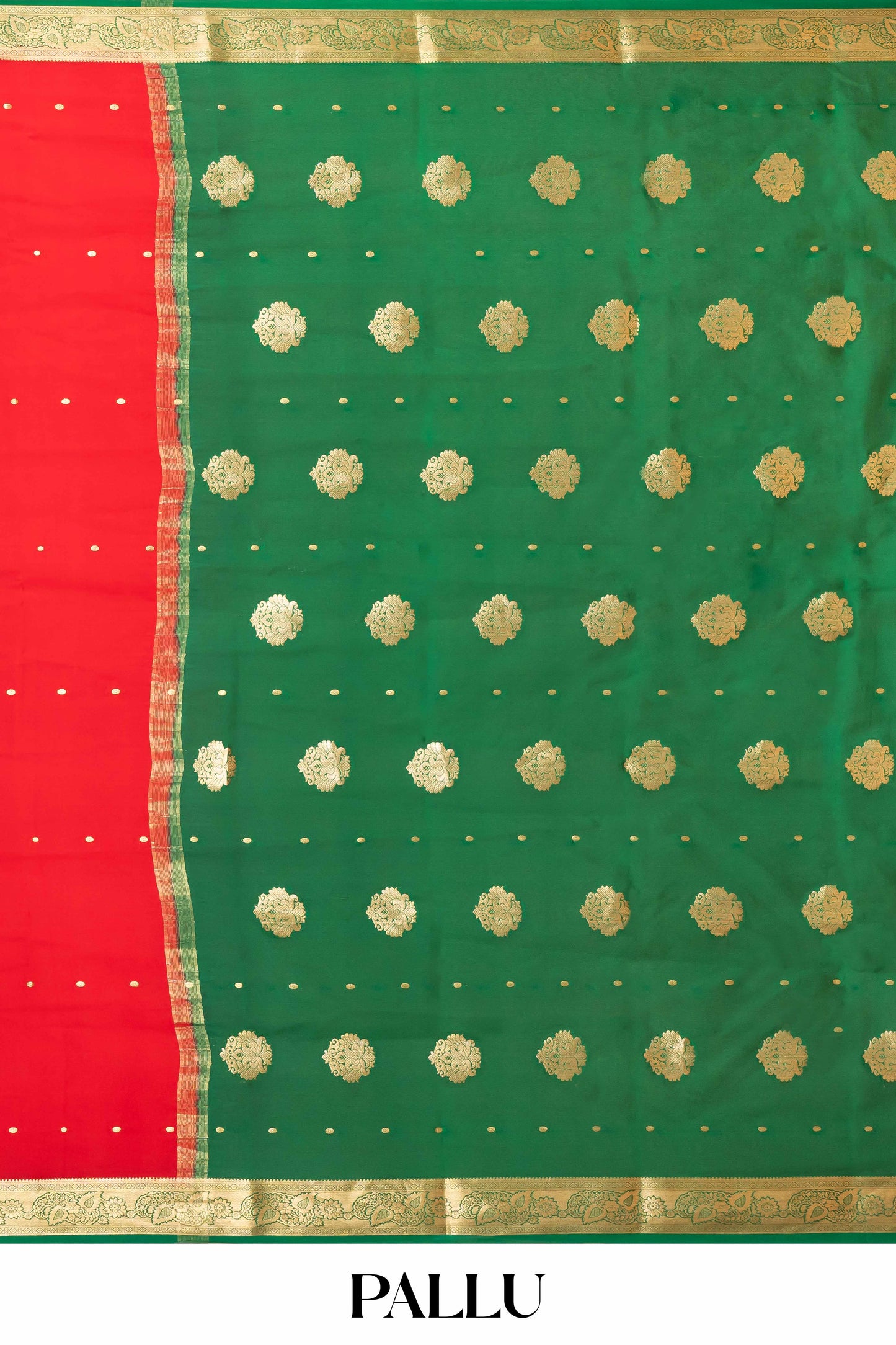 Bright Red Mysore Pure Silk Saree with Green Zari Border and Contrast Green Pallu – Elegant Golden Buttas