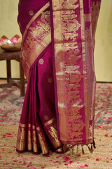 Kanchipuram Traditional Silk Saree in Magenta with Gold Zari Buttas & Self Border