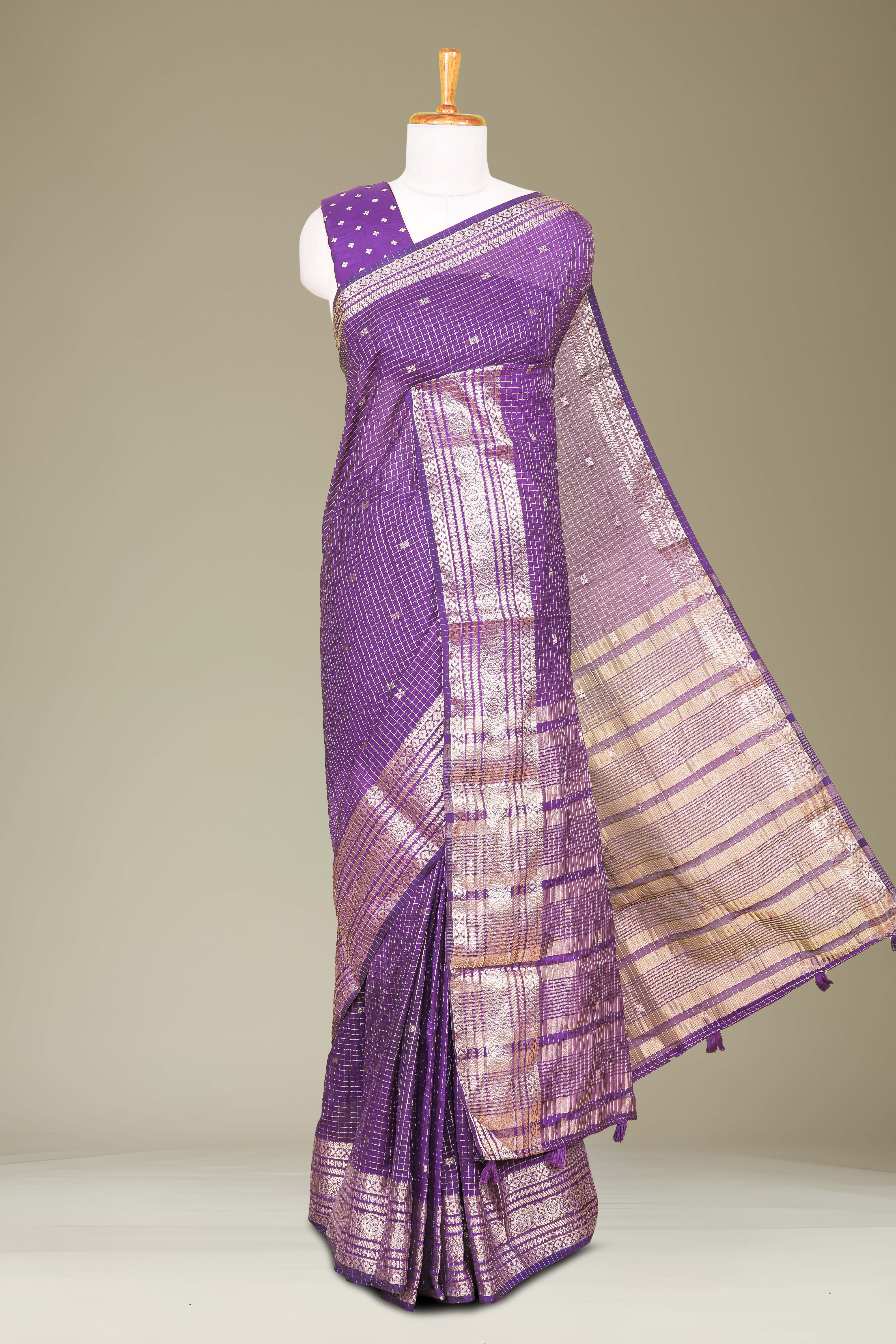 Violet Georgette Saree Golden Zari Check Pattern And Small Butta Across The Body With Zari Weaving Stripes Pallu