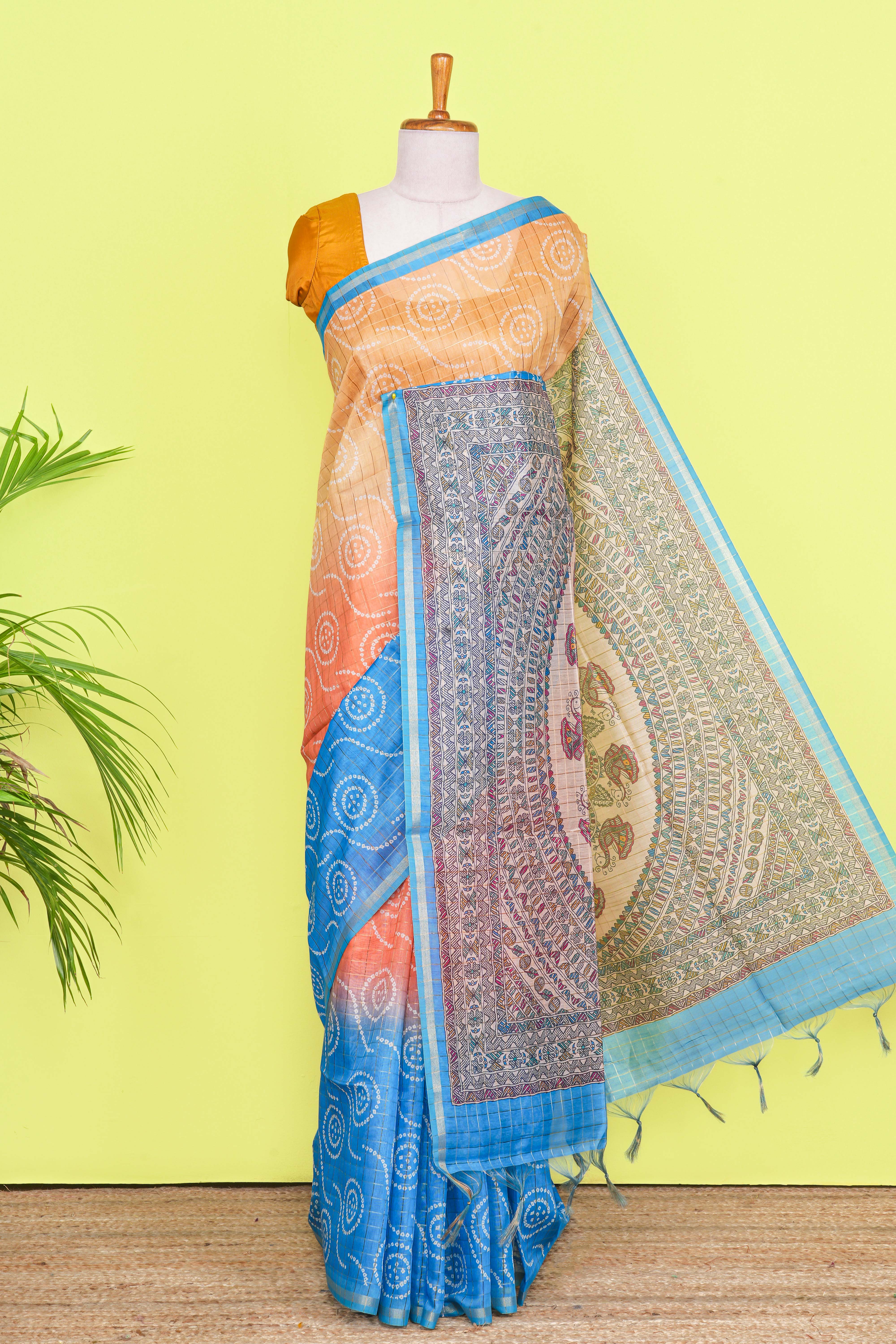 Multi Color Chanderi Cotton SareeBandhani Design Across The Body With Madhubani Print Pallu Along With Flower Motifs Blouse