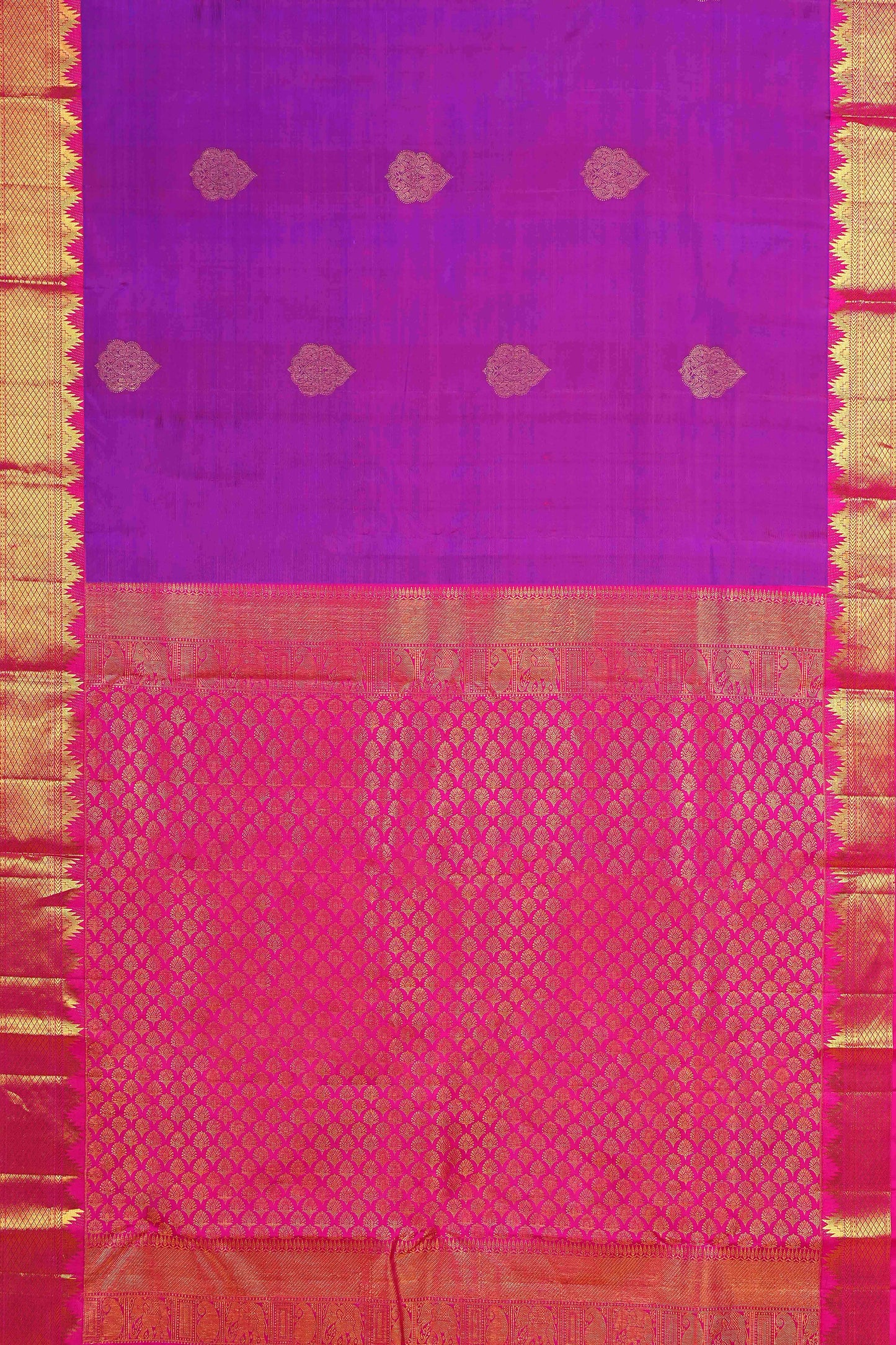 Purple & Pink Border Kanchipuram Pure Silk Saree with Gold Zari Butta and Contrast Pallu