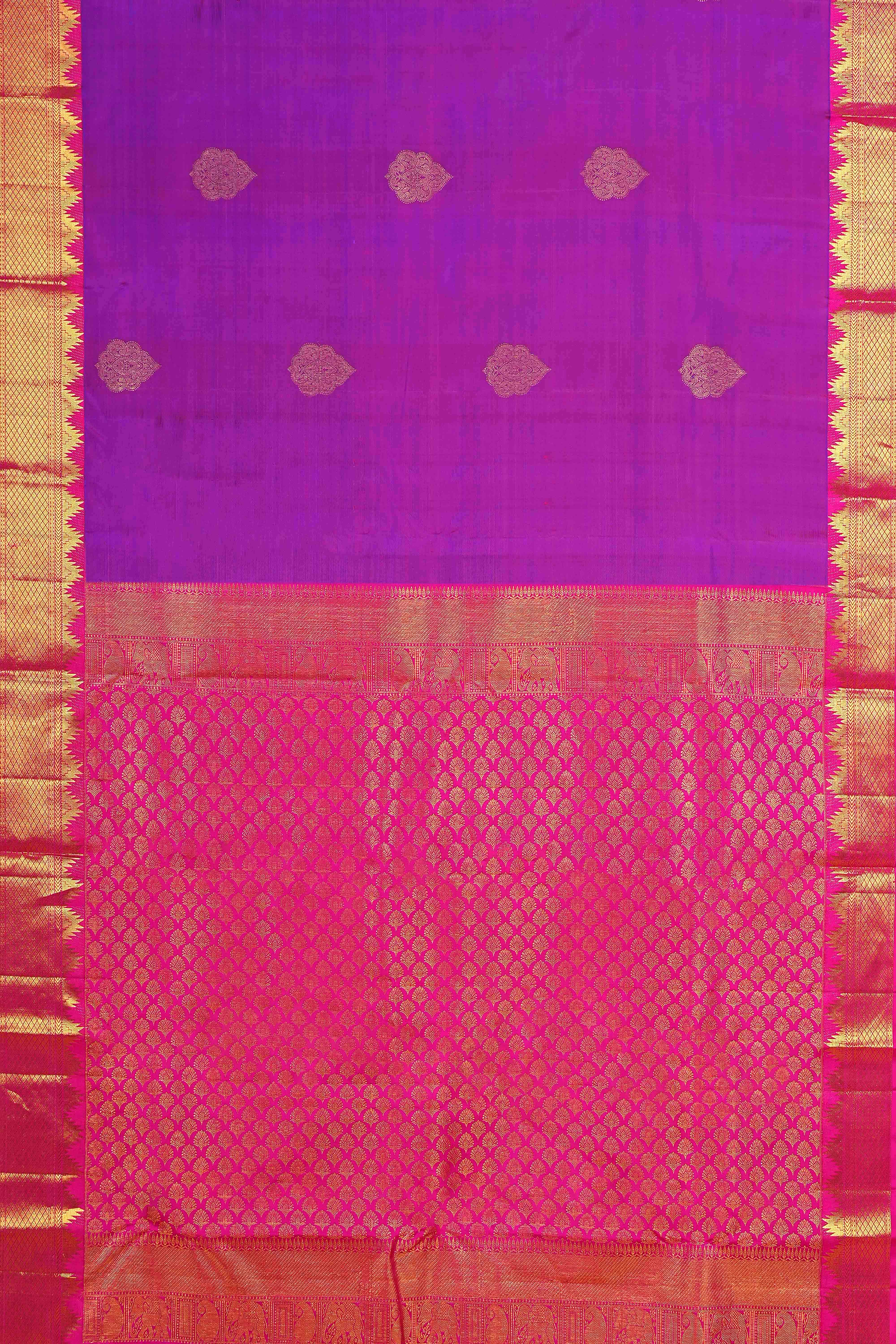 Purple & Pink Border Kanchipuram Pure Silk Saree with Gold Zari Butta and Contrast Pallu