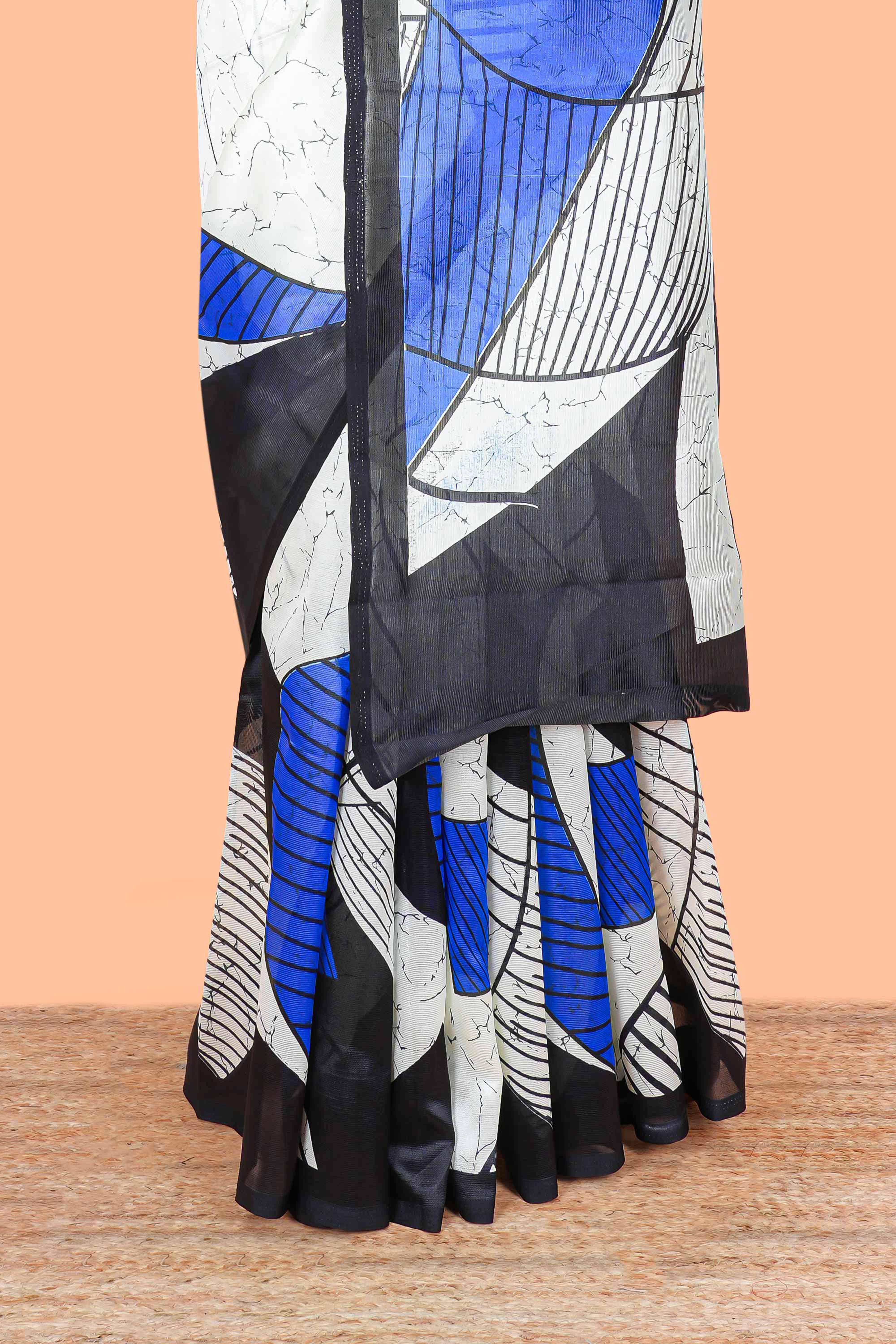 White geometric art lichi silk saree, contrast border and blouse and printed pallu